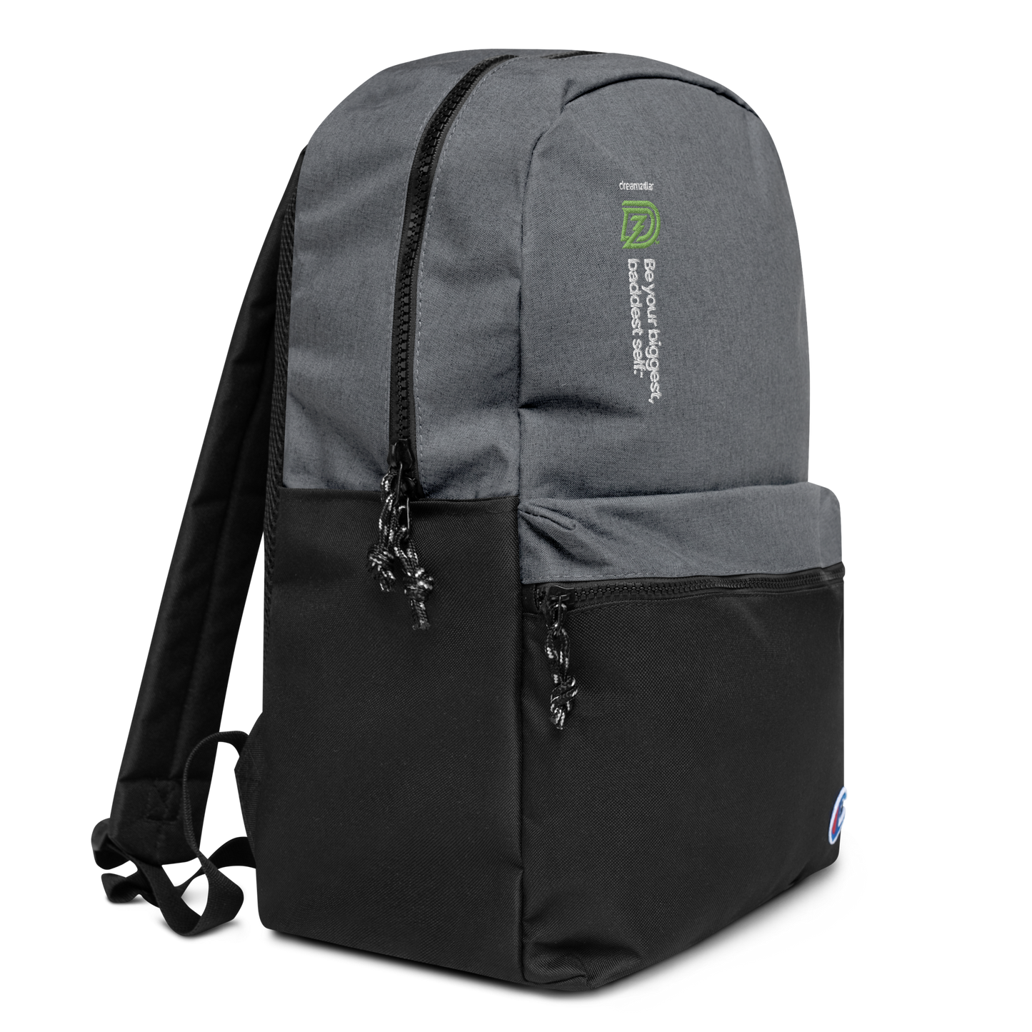 Left side of Embroidered DZ Champion Backpack in Heather Grey
