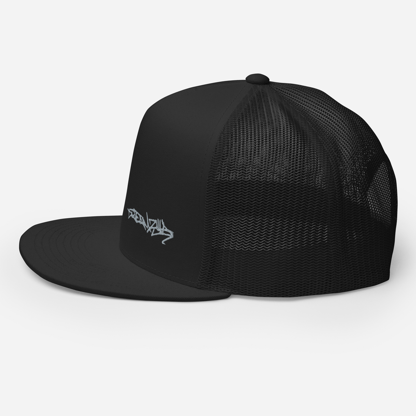 Left side of Graffiti Tag Trucker Cap in Black