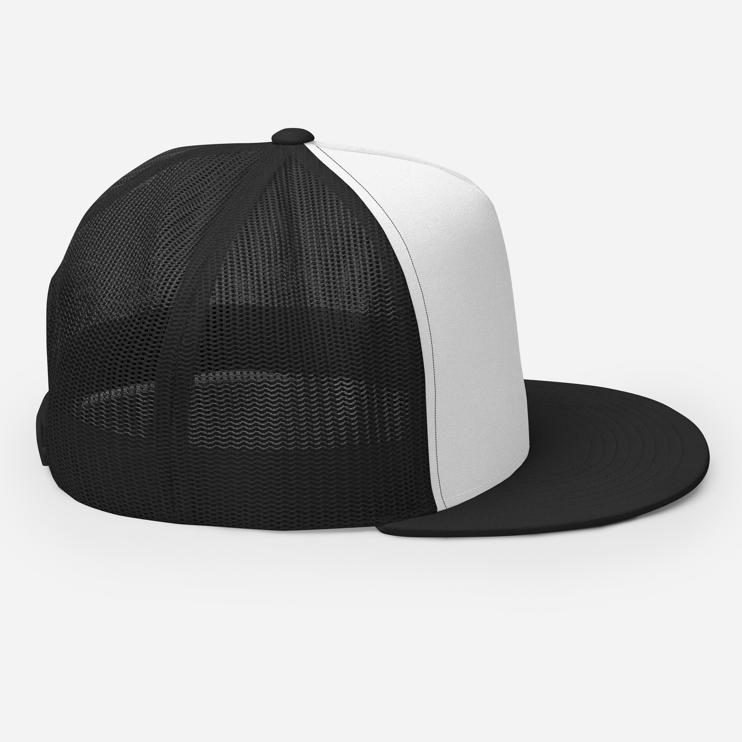 Right side of Graffiti Tag Trucker Cap in White with Black Brim and Back