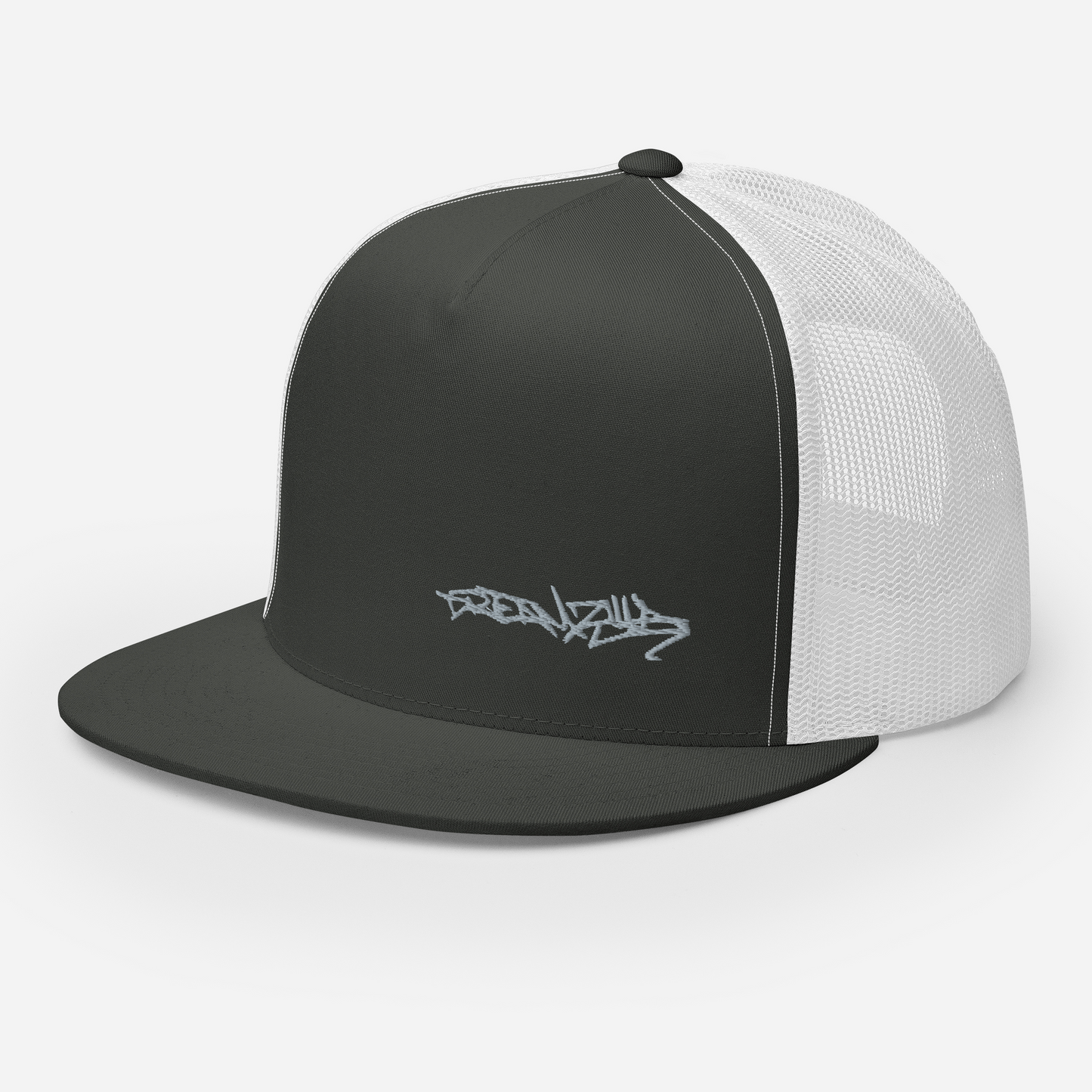 Angled front left of Graffiti Tag Trucker Cap in Charcoal with White Back