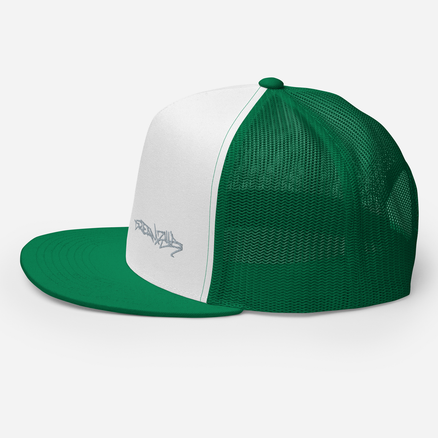 Left side of Graffiti Tag Trucker Cap in White with Kelly Brim and Back