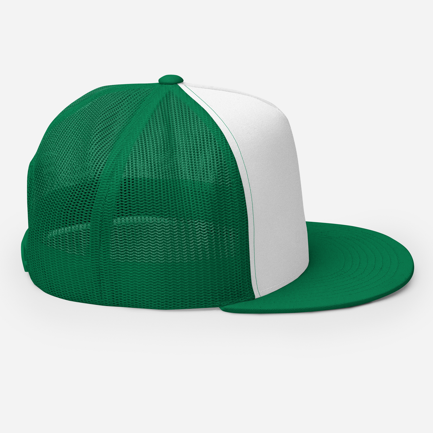 Right side of Graffiti Tag Trucker Cap in White with Kelly Brim and Back