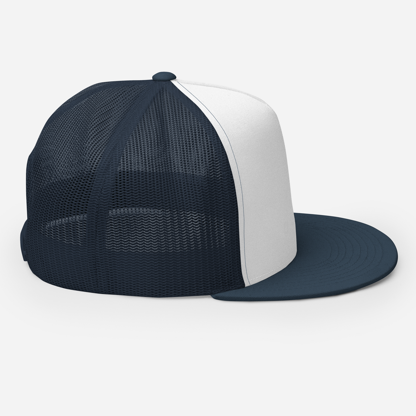 Right side of Graffiti Tag Trucker Cap in White with Navy Brim and Back