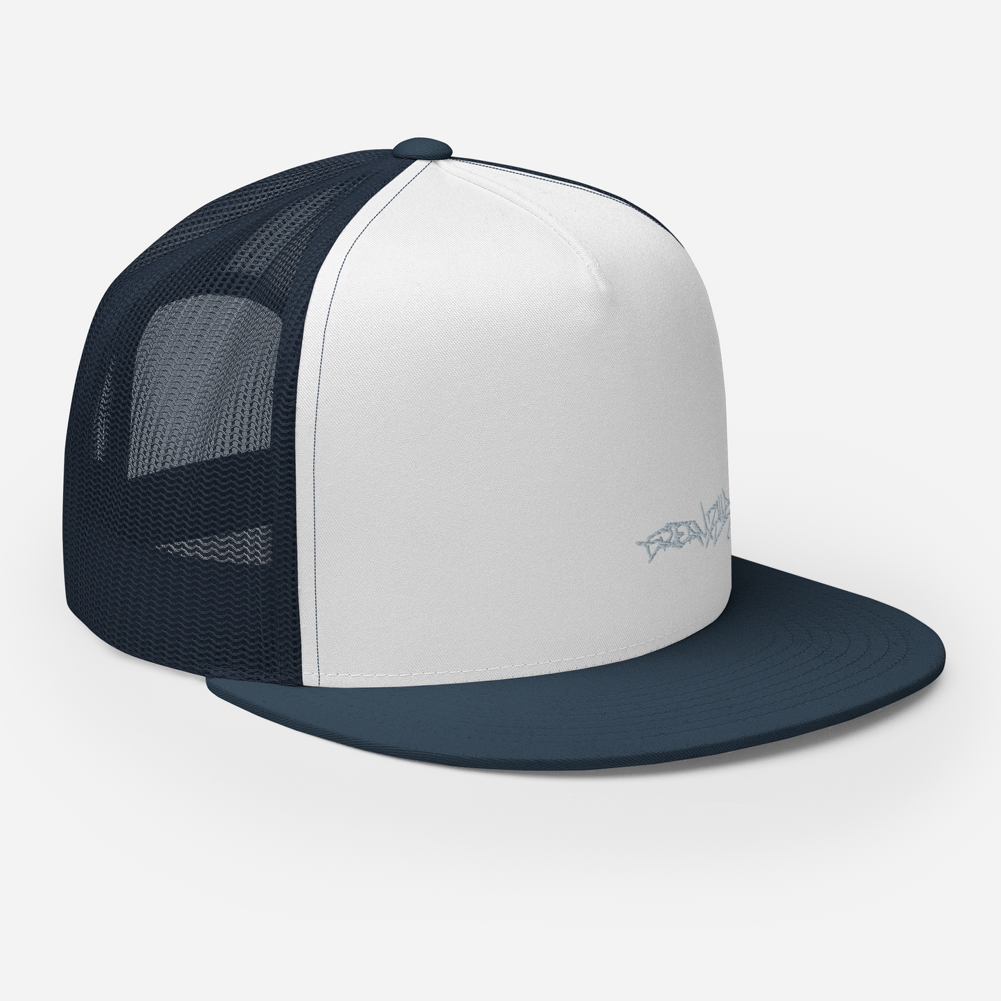 Angled Front Right of Graffiti Tag Trucker Cap in White with Navy Brim and Back