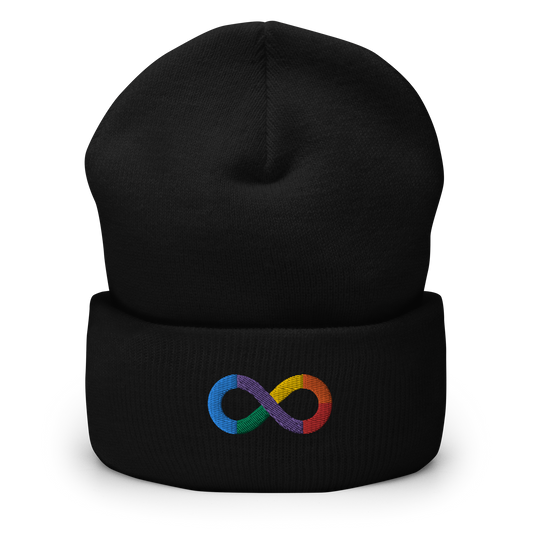 Neurodiversity Rainbow Infinity Embroidered Cuffed Beanie in Black
