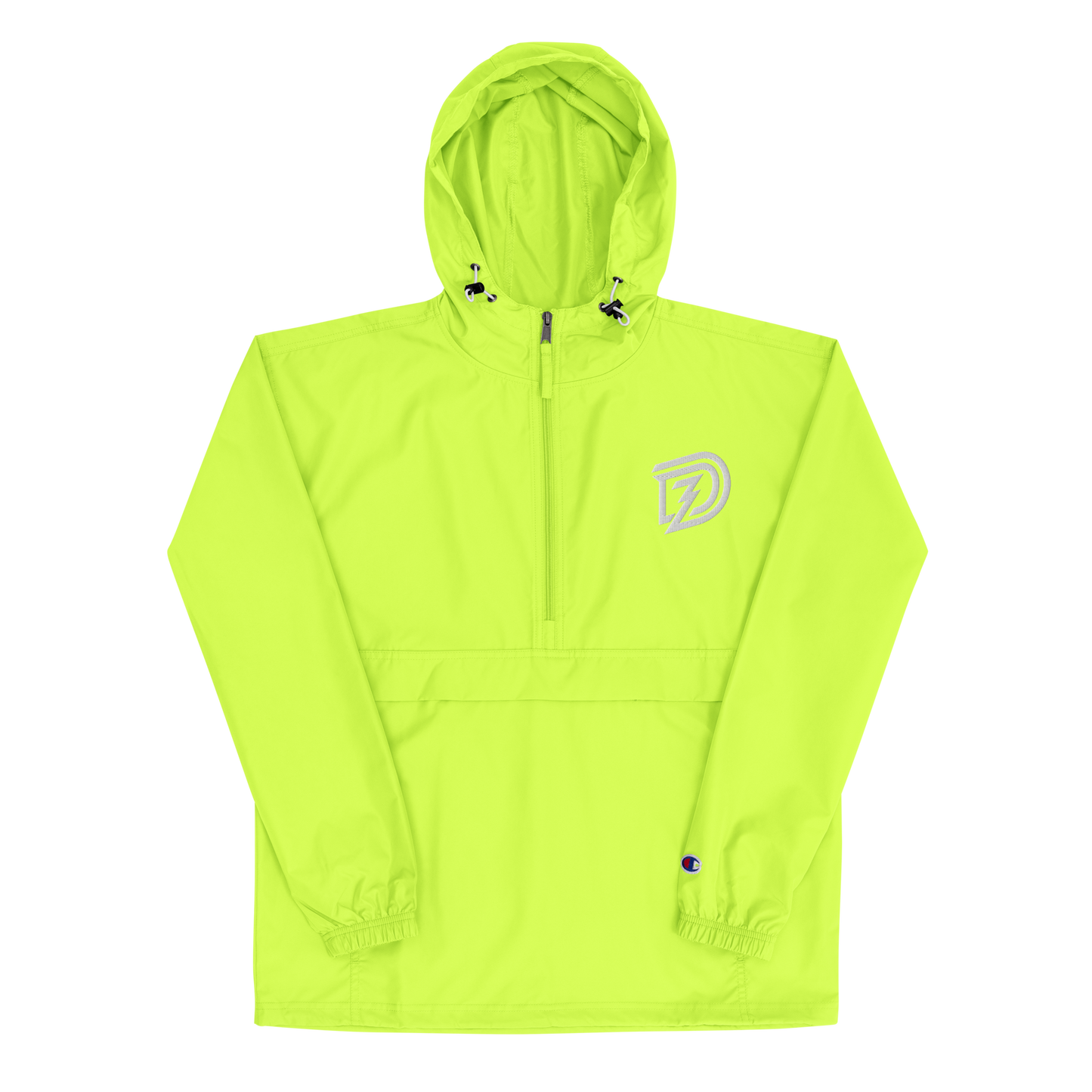 Embroidered Champion Packable Jacket in Safety Green with hood up