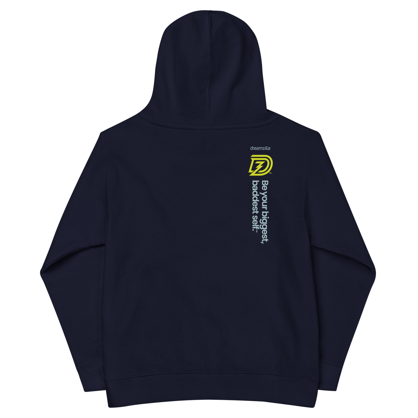 Back of Baby Zilla Kids Fleece Hoodie in Navy Blazer