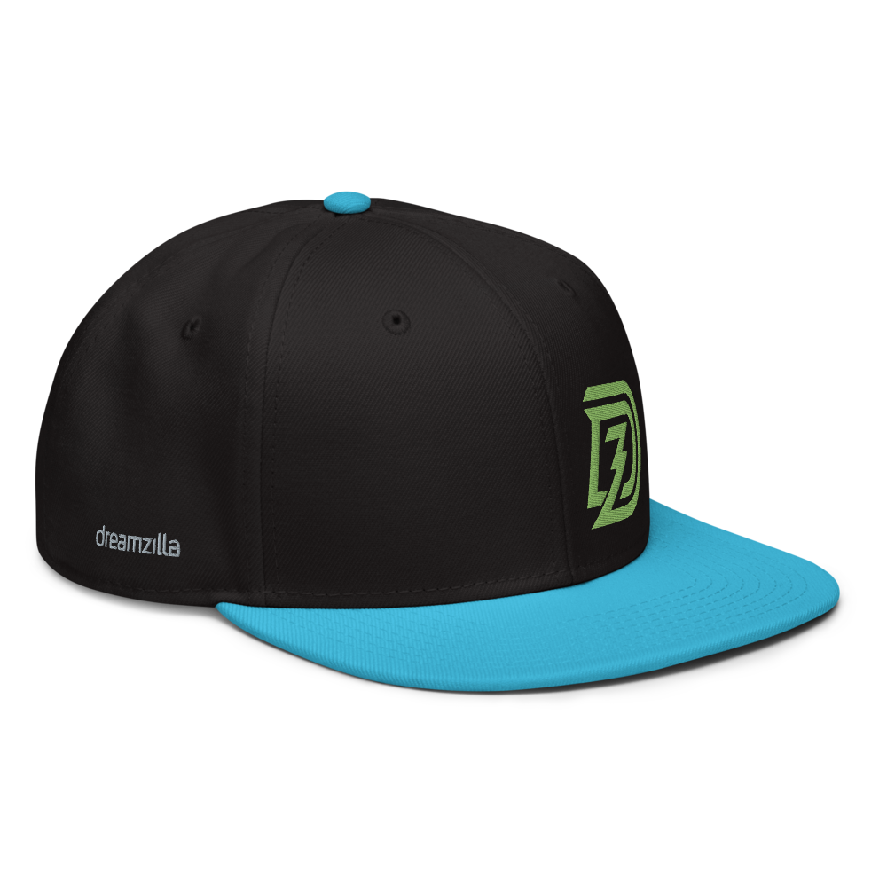 Angled View of DZ Snapback in Black with Aqua Blue Brim