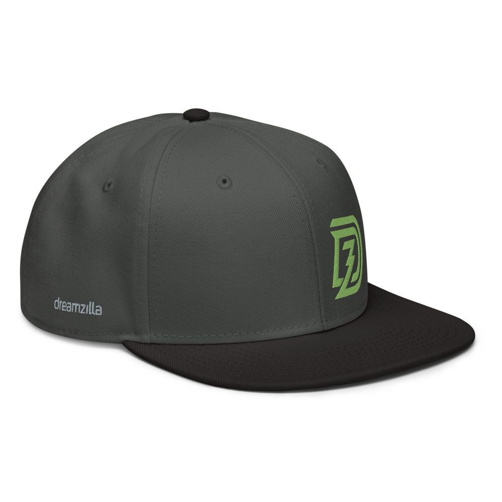 Angled View of DZ Snapback in Charcoal Gray with Black Brim