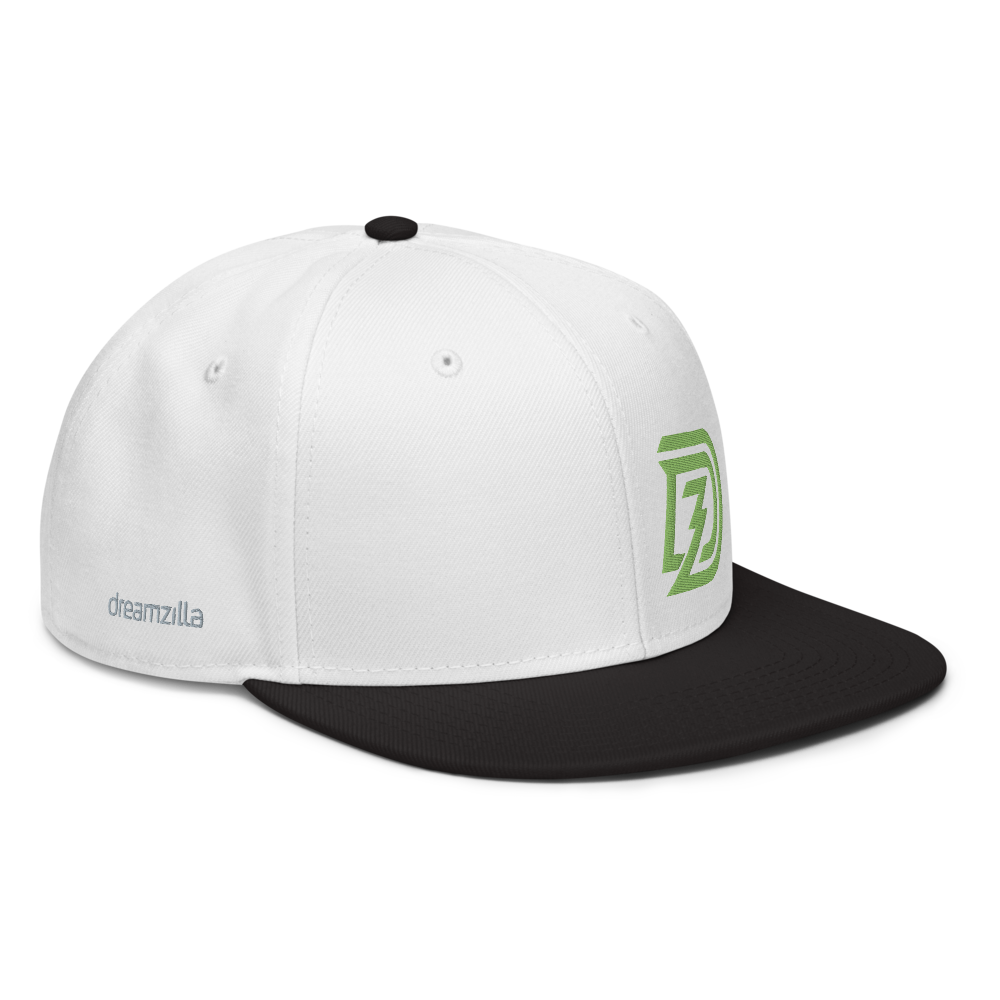 Angled View of DZ Snapback in White with Black Brim