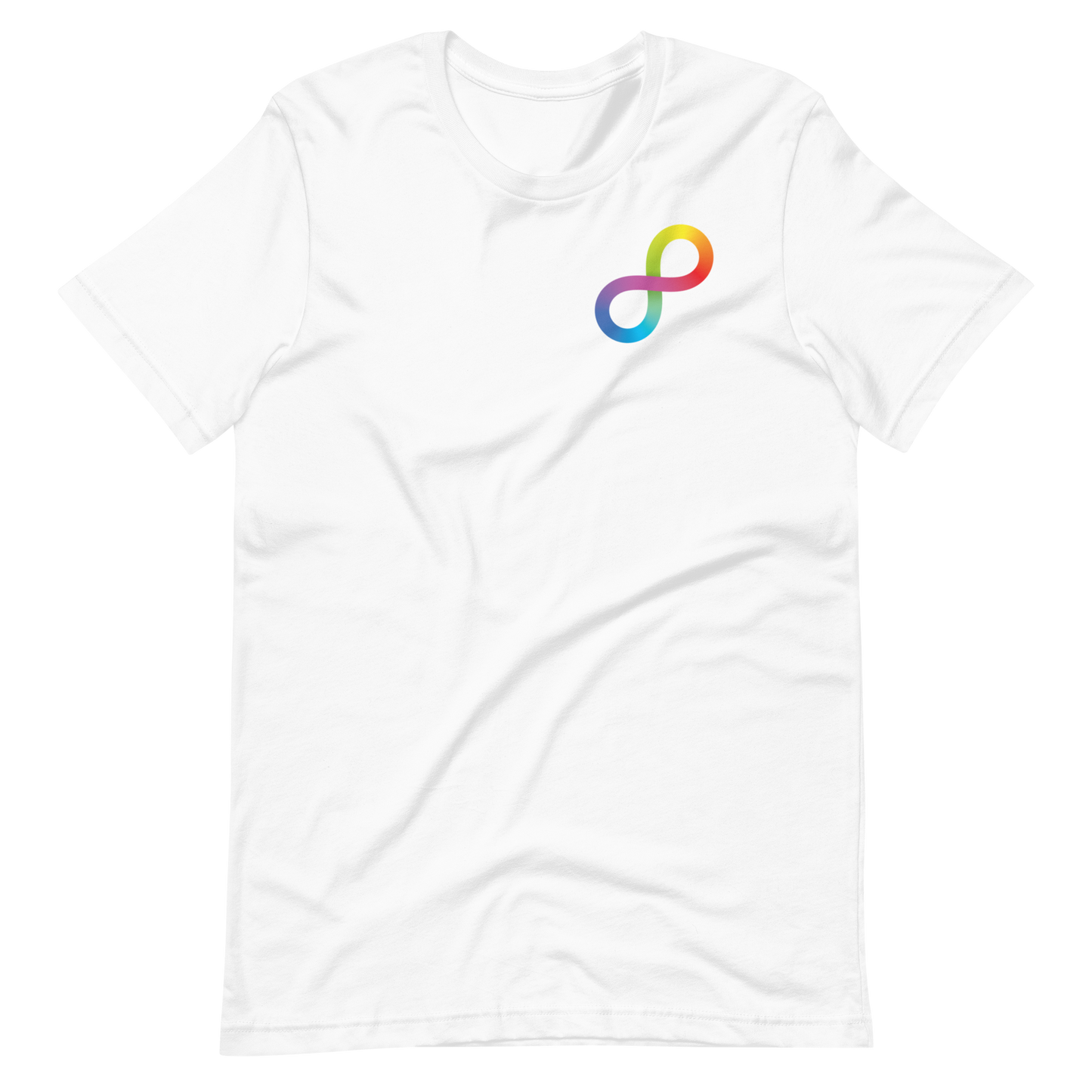 Back of Neurodiversity Rainbow Infinity Over Heart Unisex Tee in White