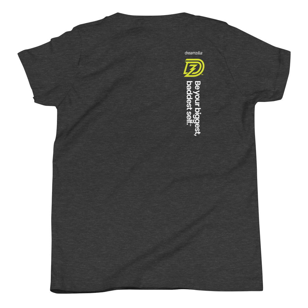 Back of Big Bad Hero Youth Tee in Dark Grey Heather