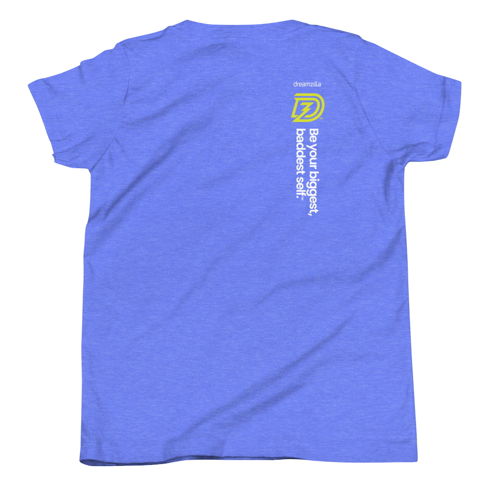 Back of Big Bad Hero Youth Tee in Heather Columbia Blue