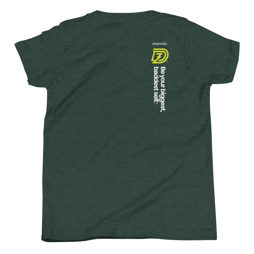 Back of Big Bad Hero Youth Tee in Heather Forest