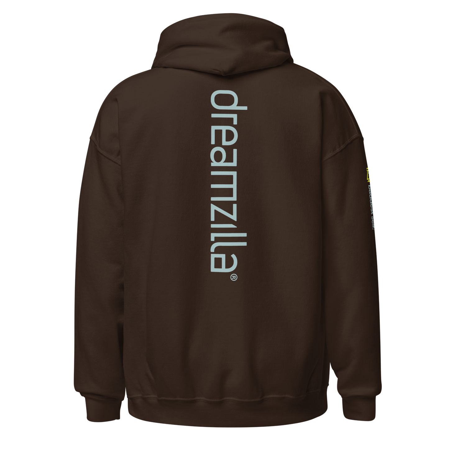 Back of Dreamzilla Backbone Unisex Hoodie in Dark Chocolate