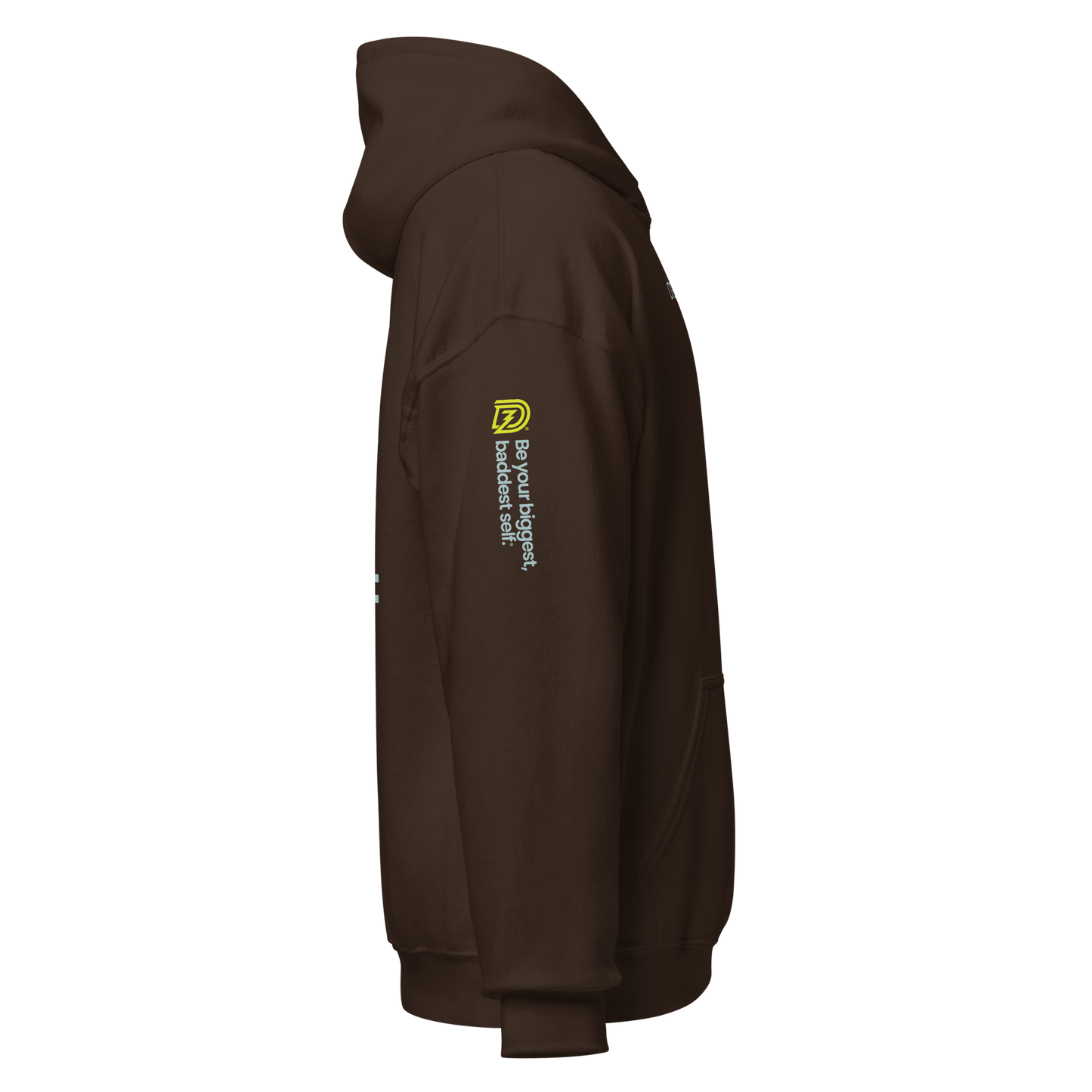 Right side of Dreamzilla Backbone Unisex Hoodie in Dark Chocolate