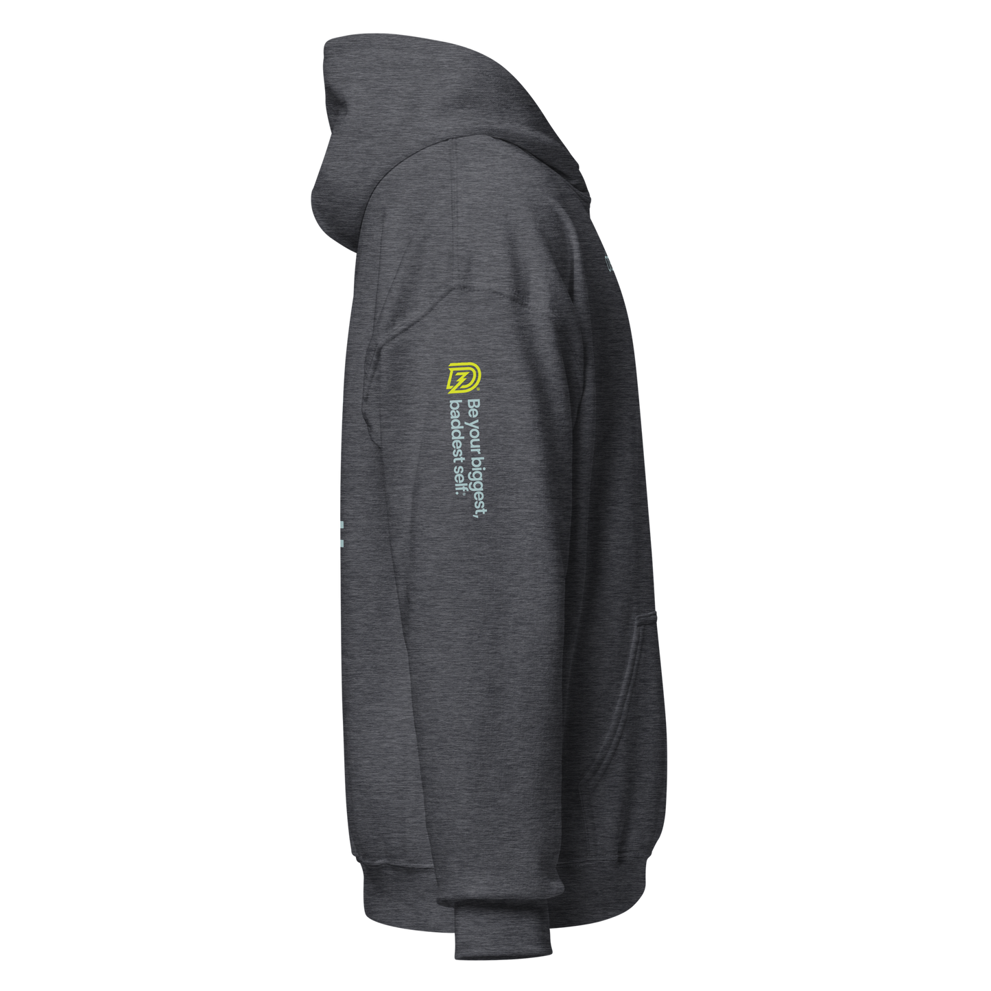 Right side of Dreamzilla Backbone Unisex Hoodie in Dark Heather