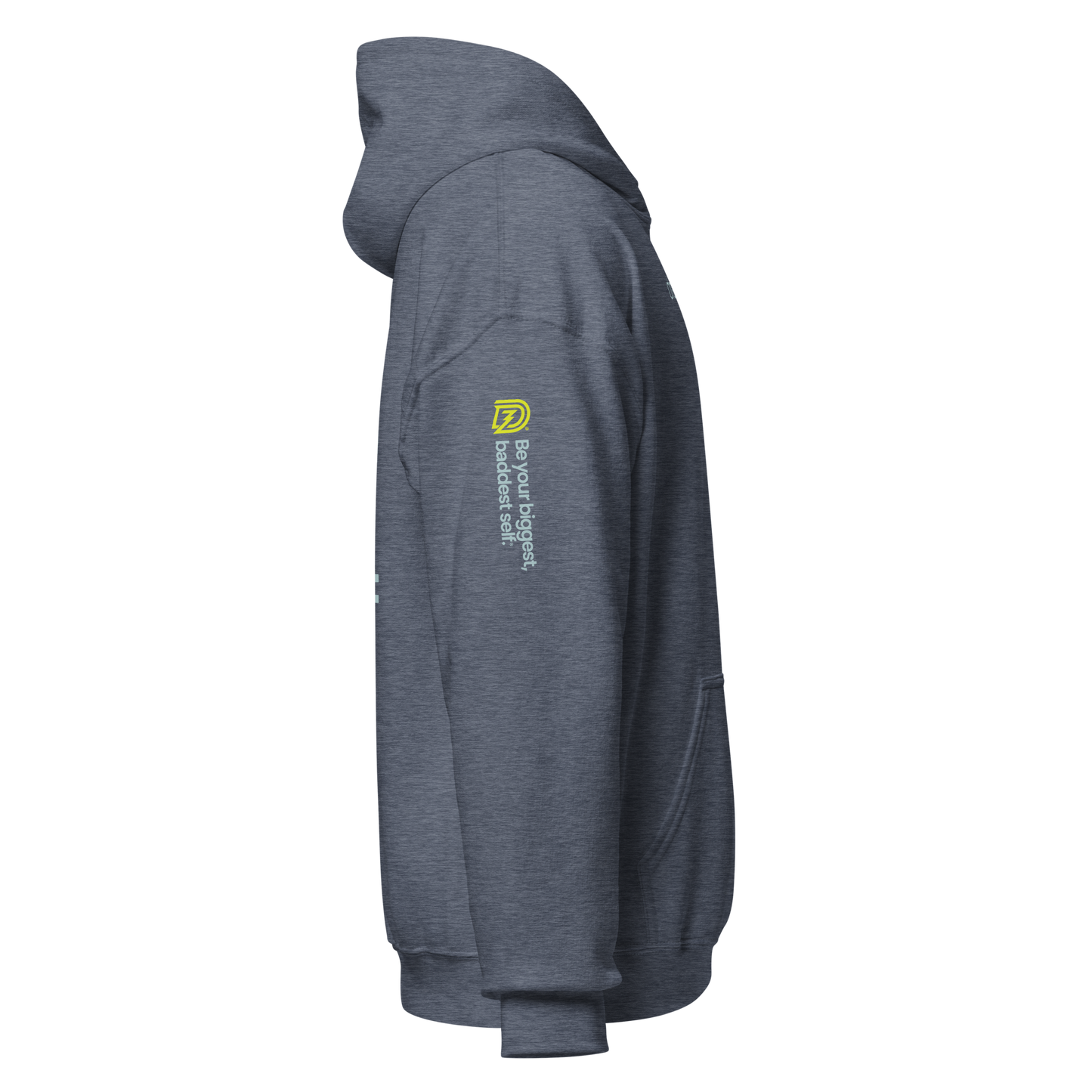 Right side of Dreamzilla Backbone Unisex Hoodie in Heather Sport Dark Navy