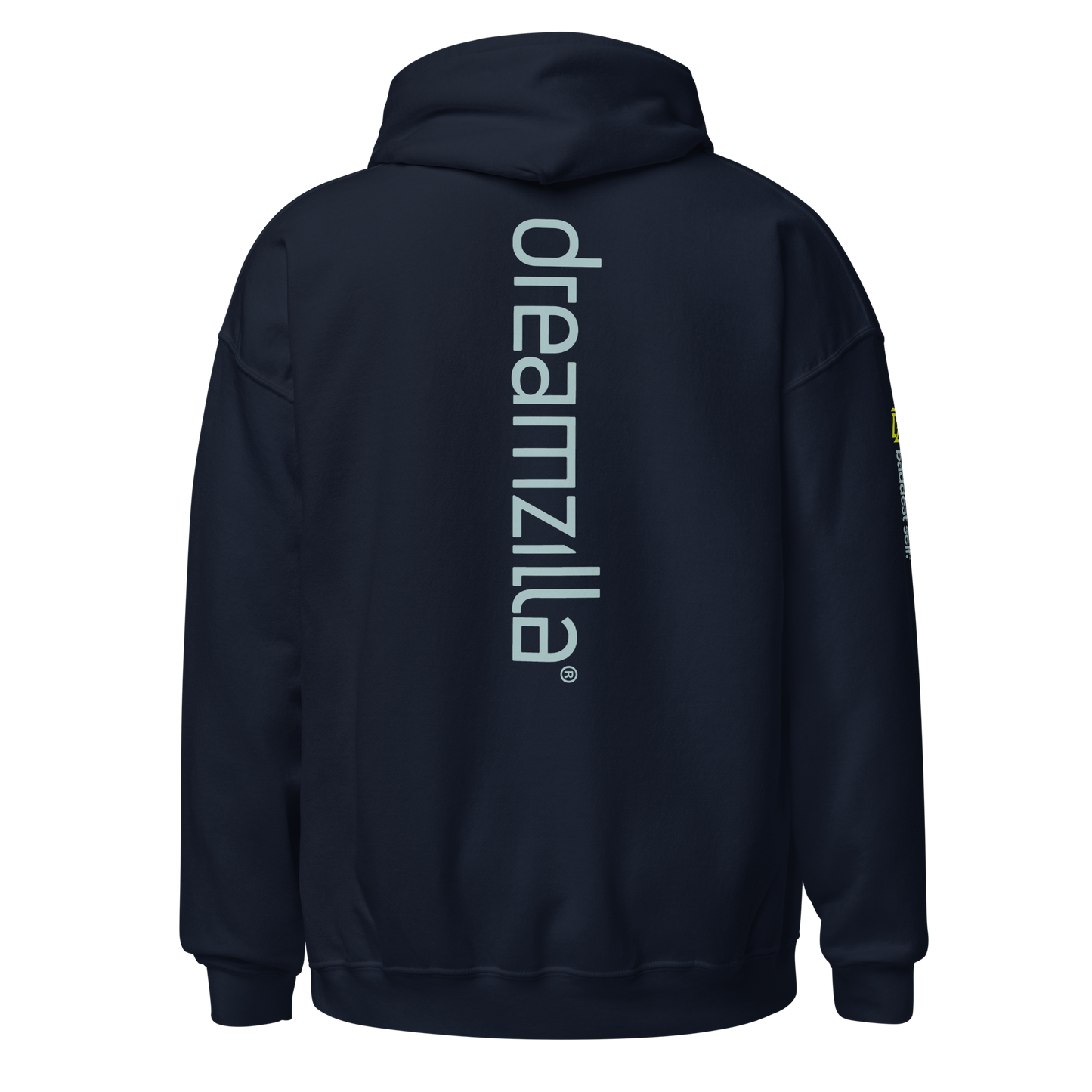 Back of Dreamzilla Backbone Unisex Hoodie in Navy