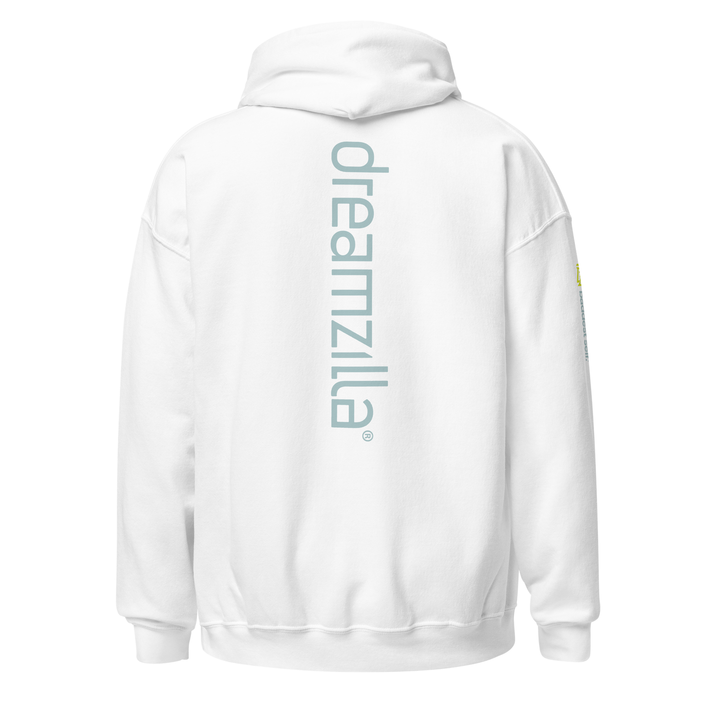 Back of Dreamzilla Backbone Unisex Hoodie in White