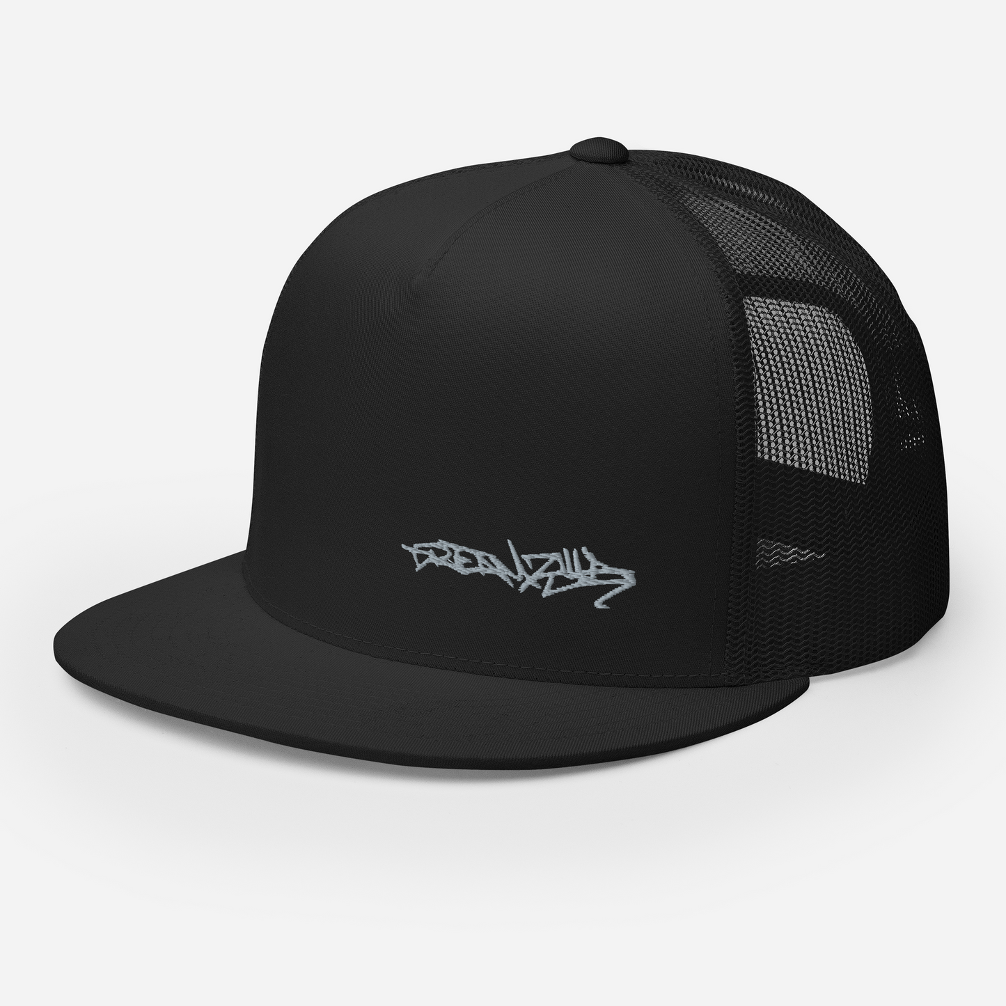 Angled front left side of Graffiti Tag Trucker Cap in Black