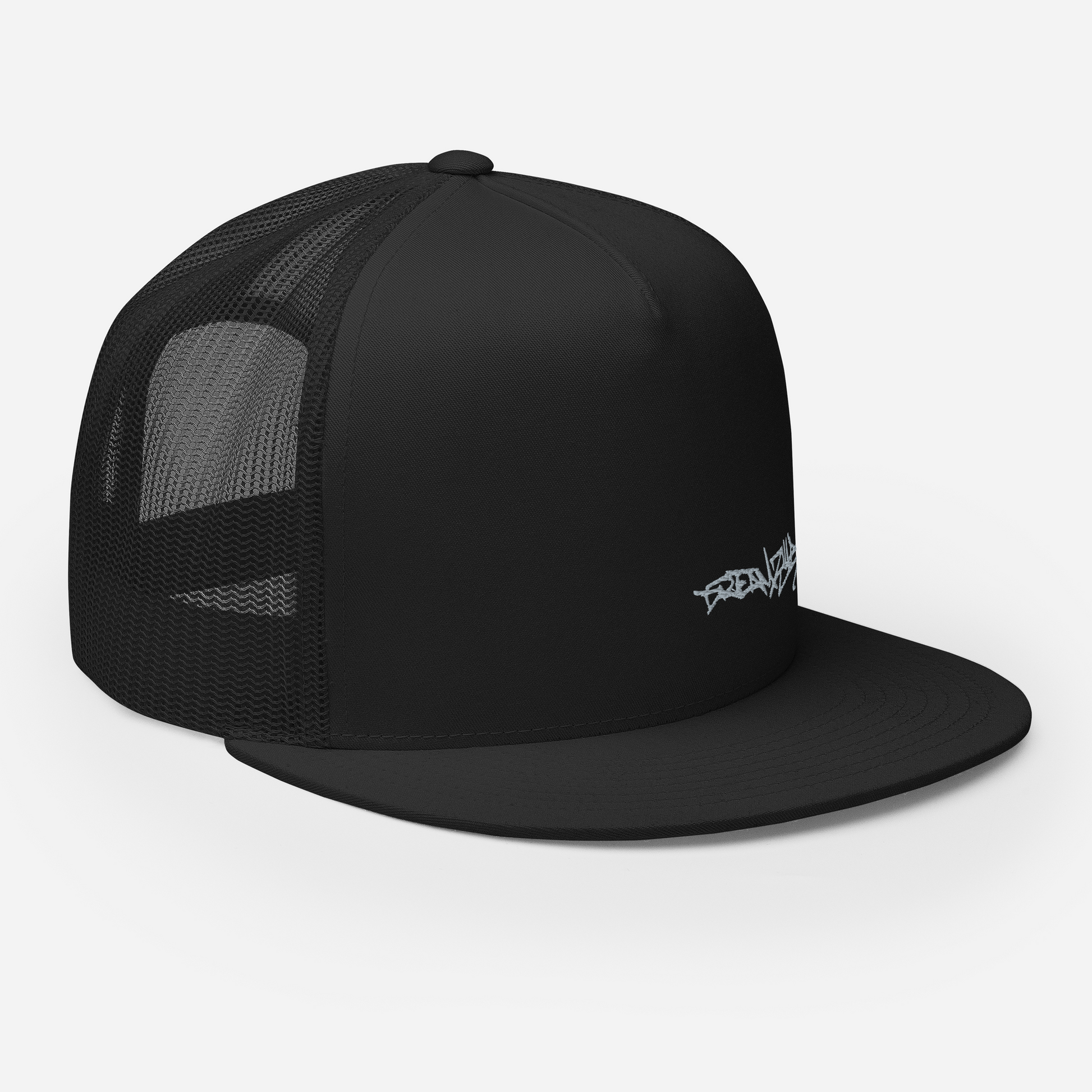 Angled front right of Graffiti Tag Trucker Cap in Black