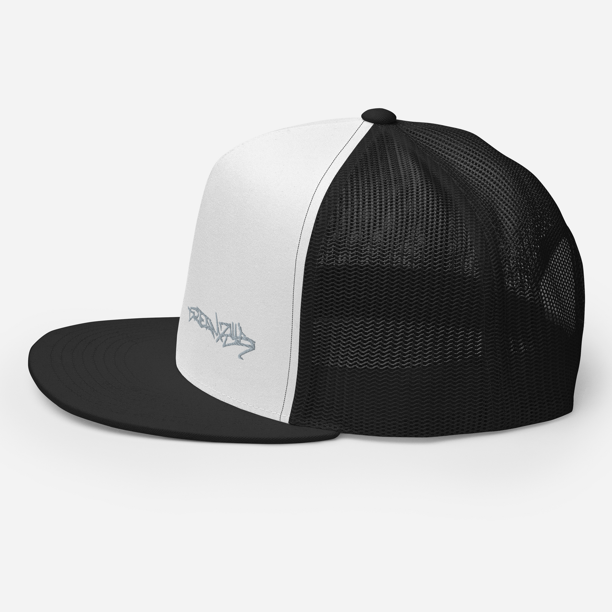 Left side of Graffiti Tag Trucker Cap in White with Black Brim and Back