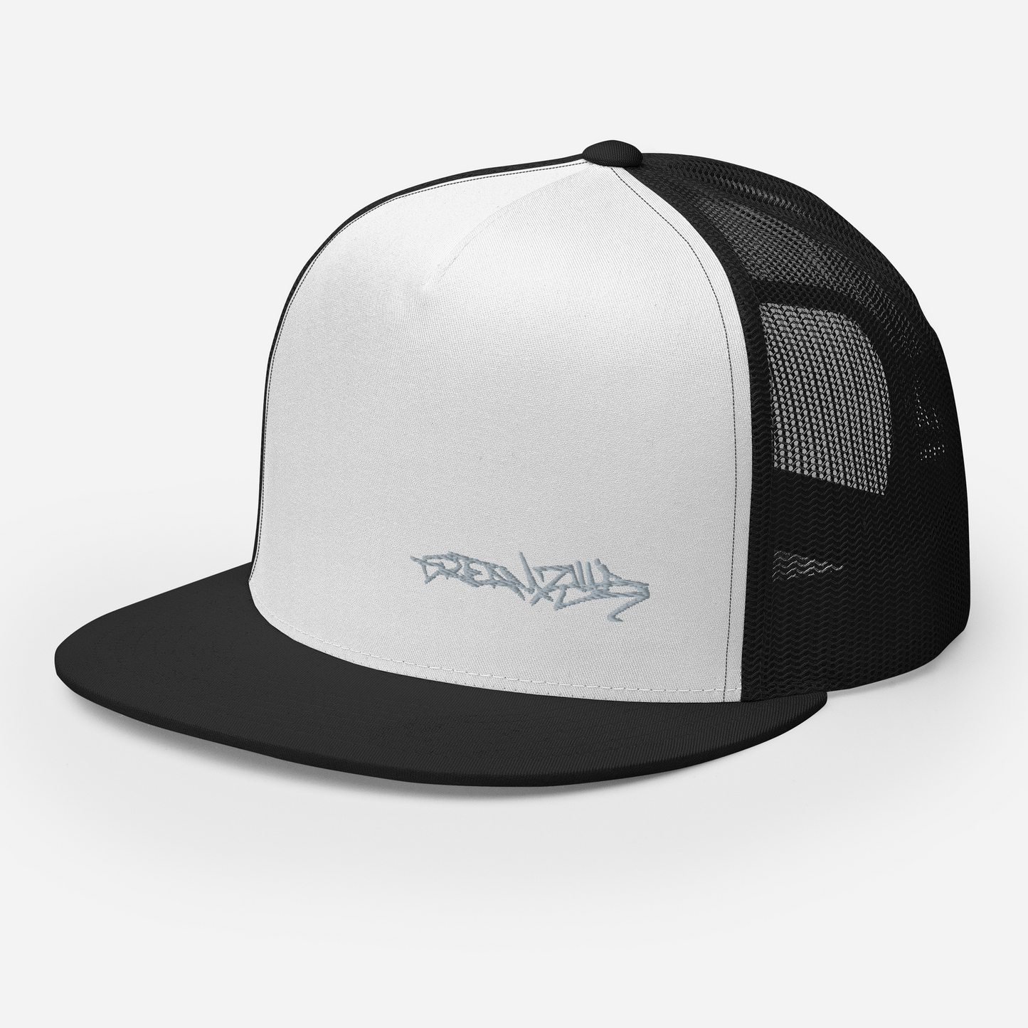 Front Left of Graffiti Tag Trucker Cap in White with Black Brim and Back