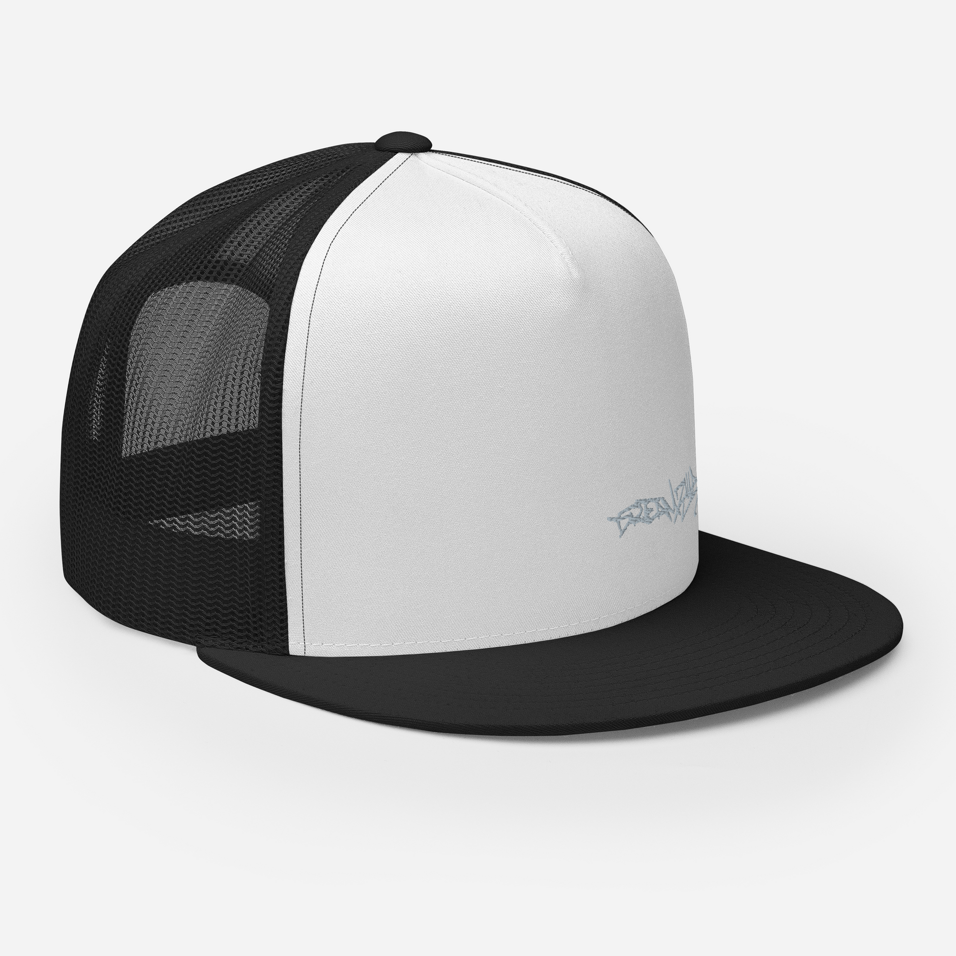 Angled Front Right of Graffiti Tag Trucker Cap in White with Black Brim and Back