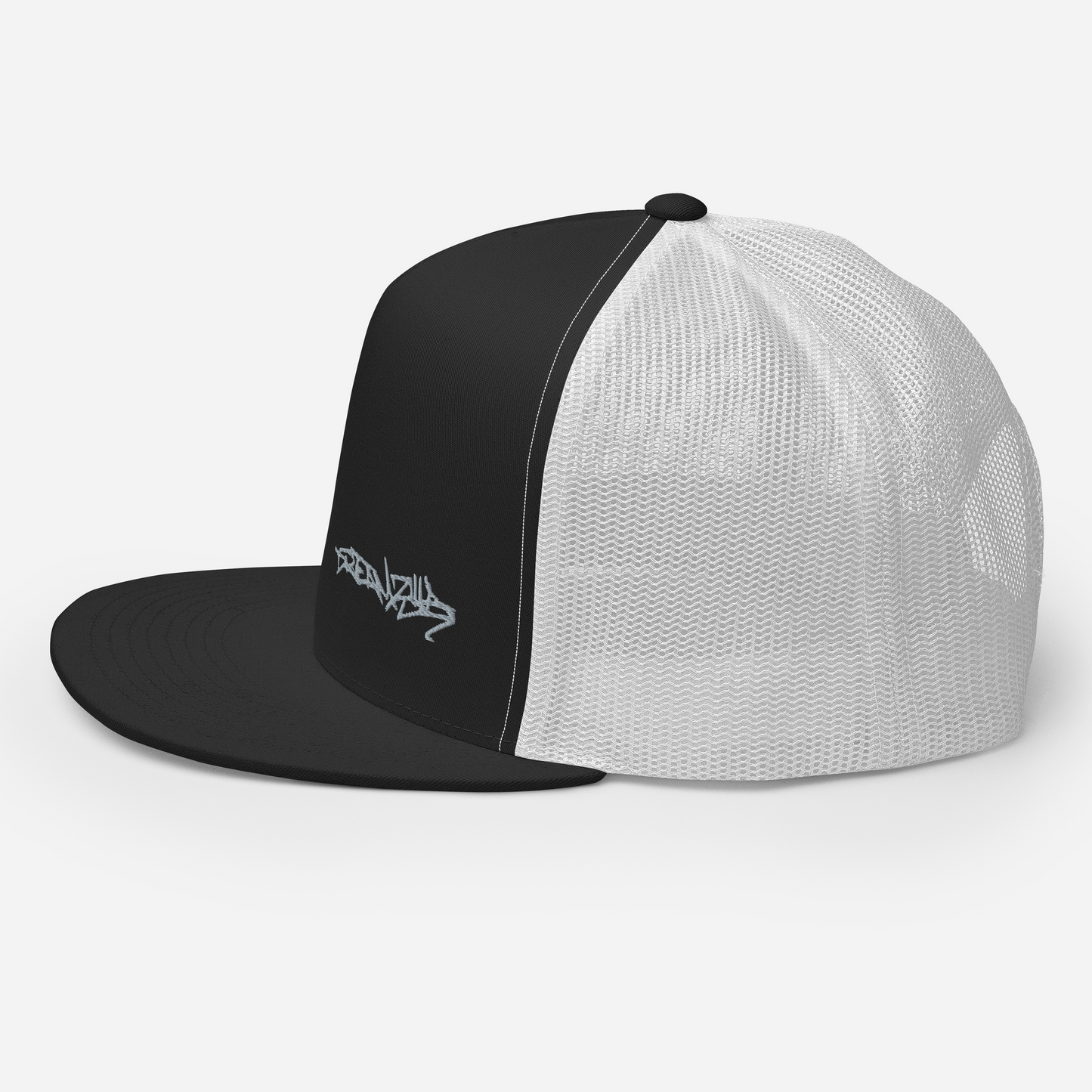 Left Side of Graffiti Tag Trucker Cap in Black with White Back