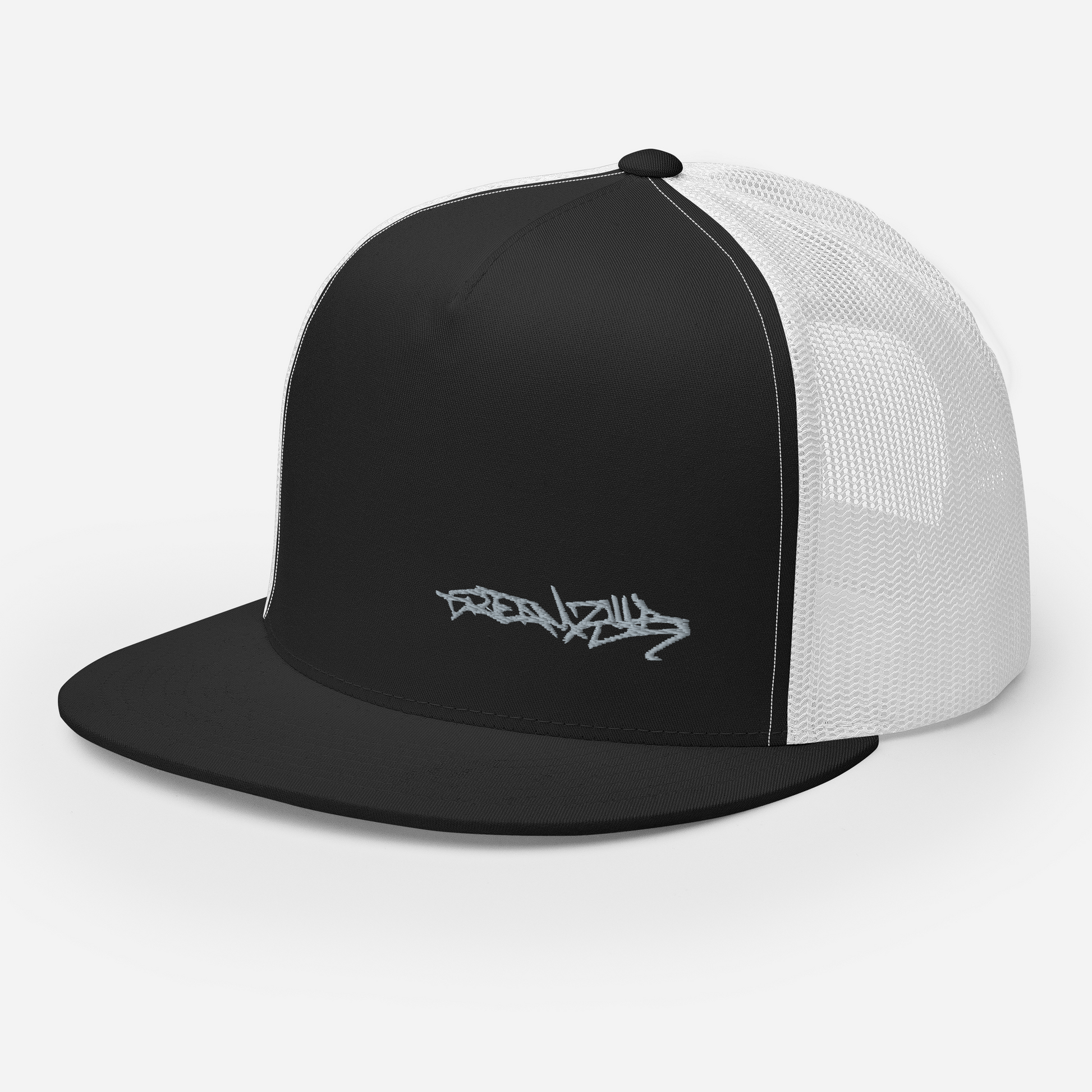 Angled front left side of Graffiti Tag Trucker Cap in Black with White Back