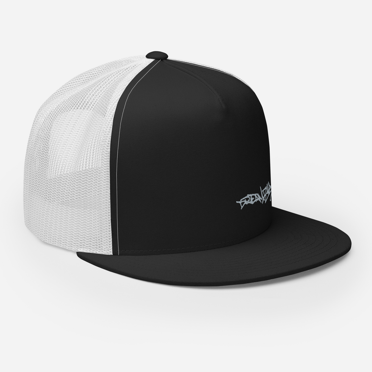 Angled front right side of Graffiti Tag Trucker Cap in Black with White Back