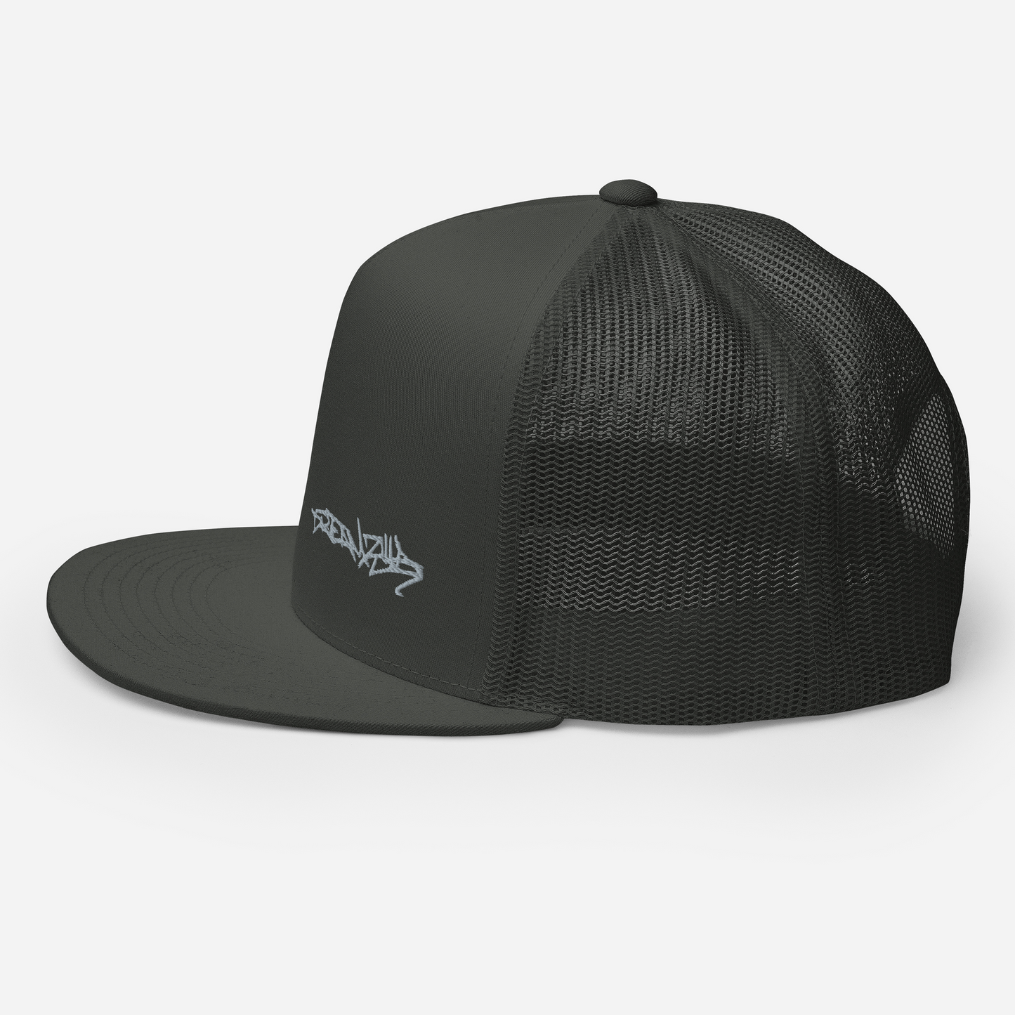 Left side of Graffiti Tag Trucker Cap in Charcoal