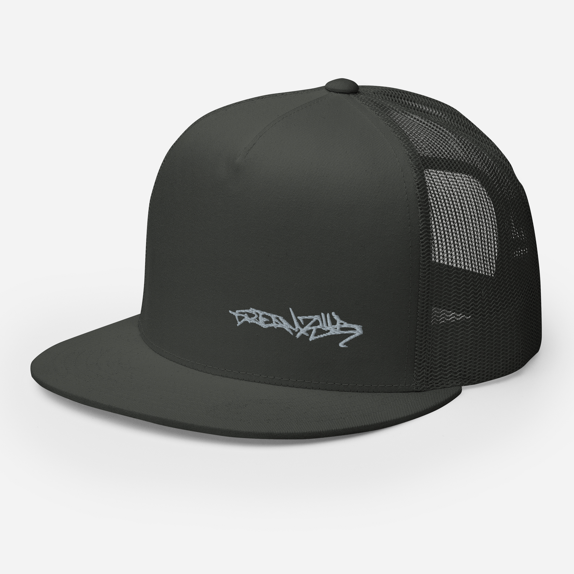 Angled Front Left of Graffiti Tag Trucker Cap in Charcoal