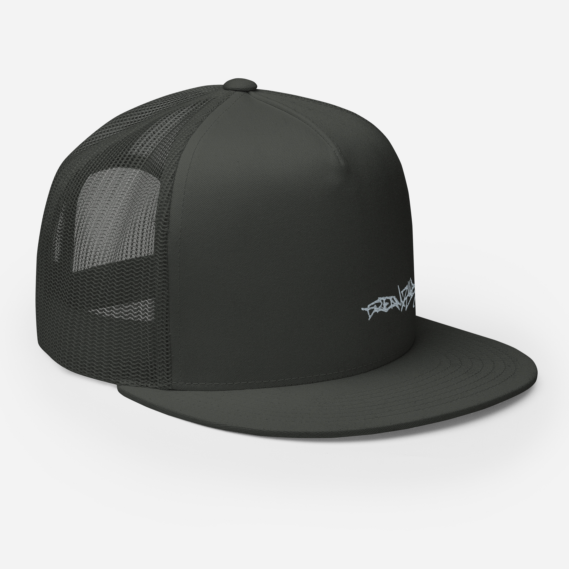 Angled Front Right of Graffiti Tag Trucker Cap in Charcoal