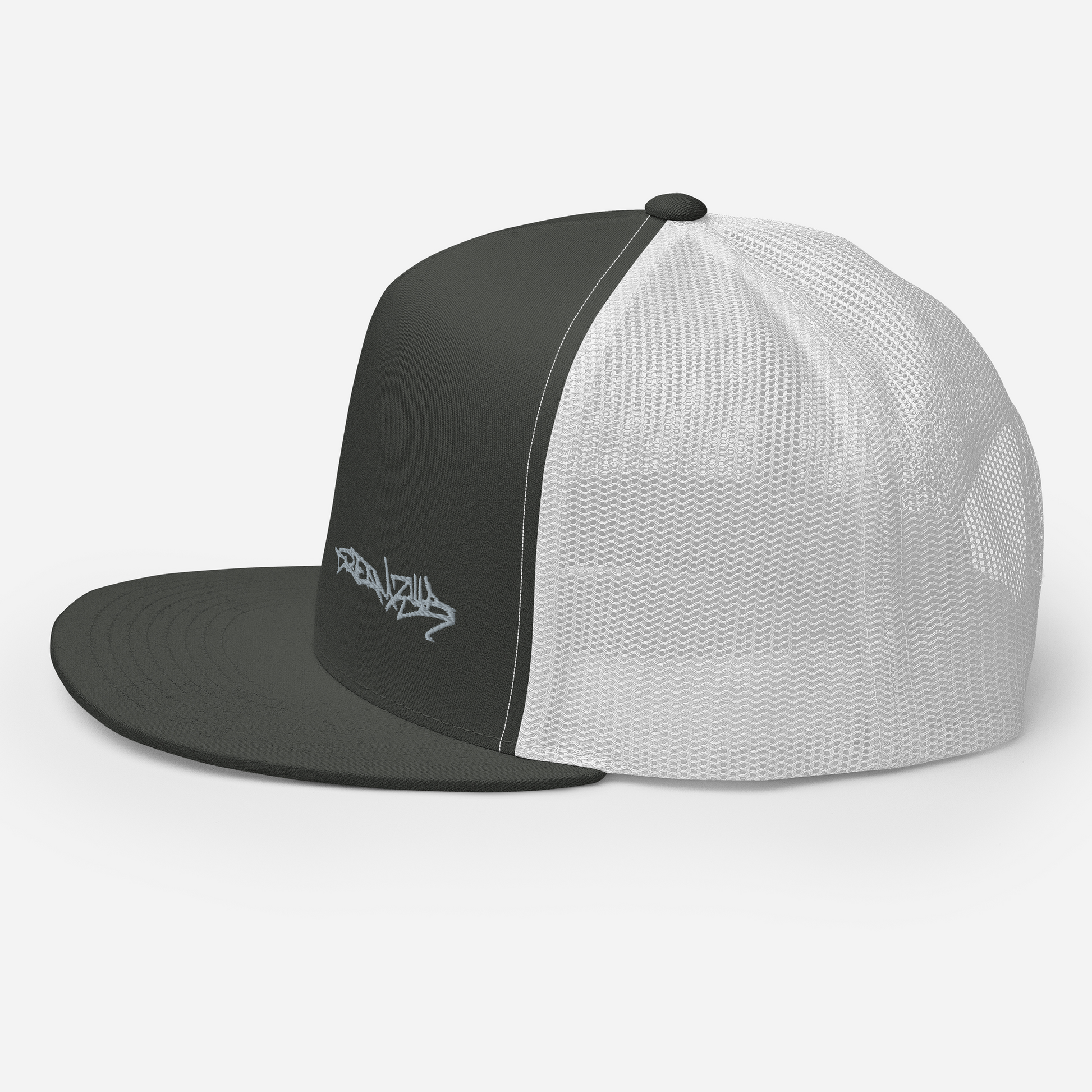 Left side of Graffiti Tag Trucker Cap in Charcoal with White Back