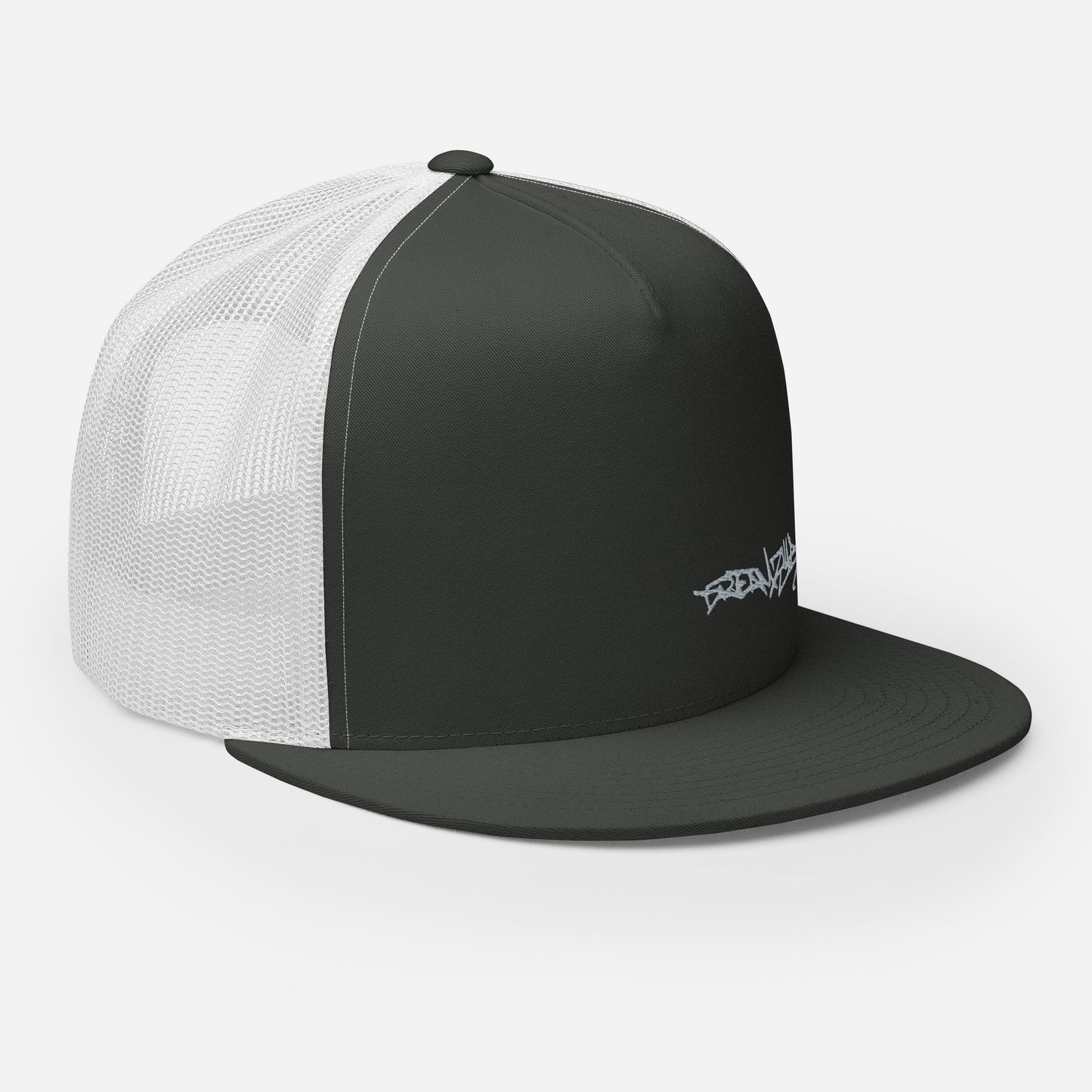 Angled Front Right of Graffiti Tag Trucker Cap in Charcoal with White Back