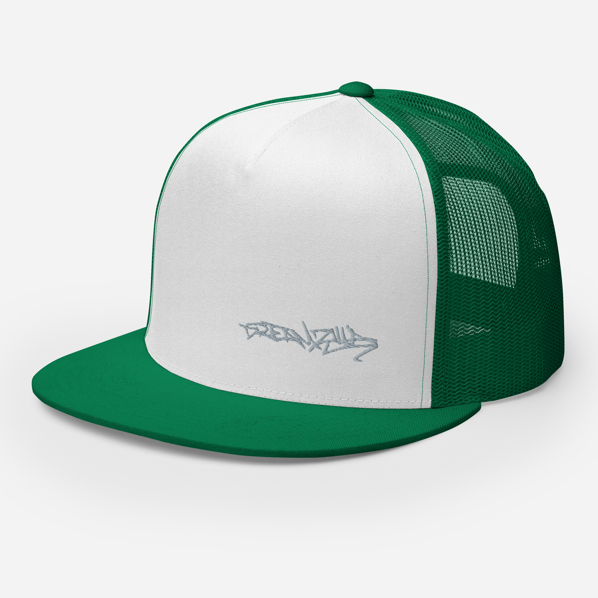 Angled front left of Graffiti Tag Trucker Cap in White with Kelly Brim and Back