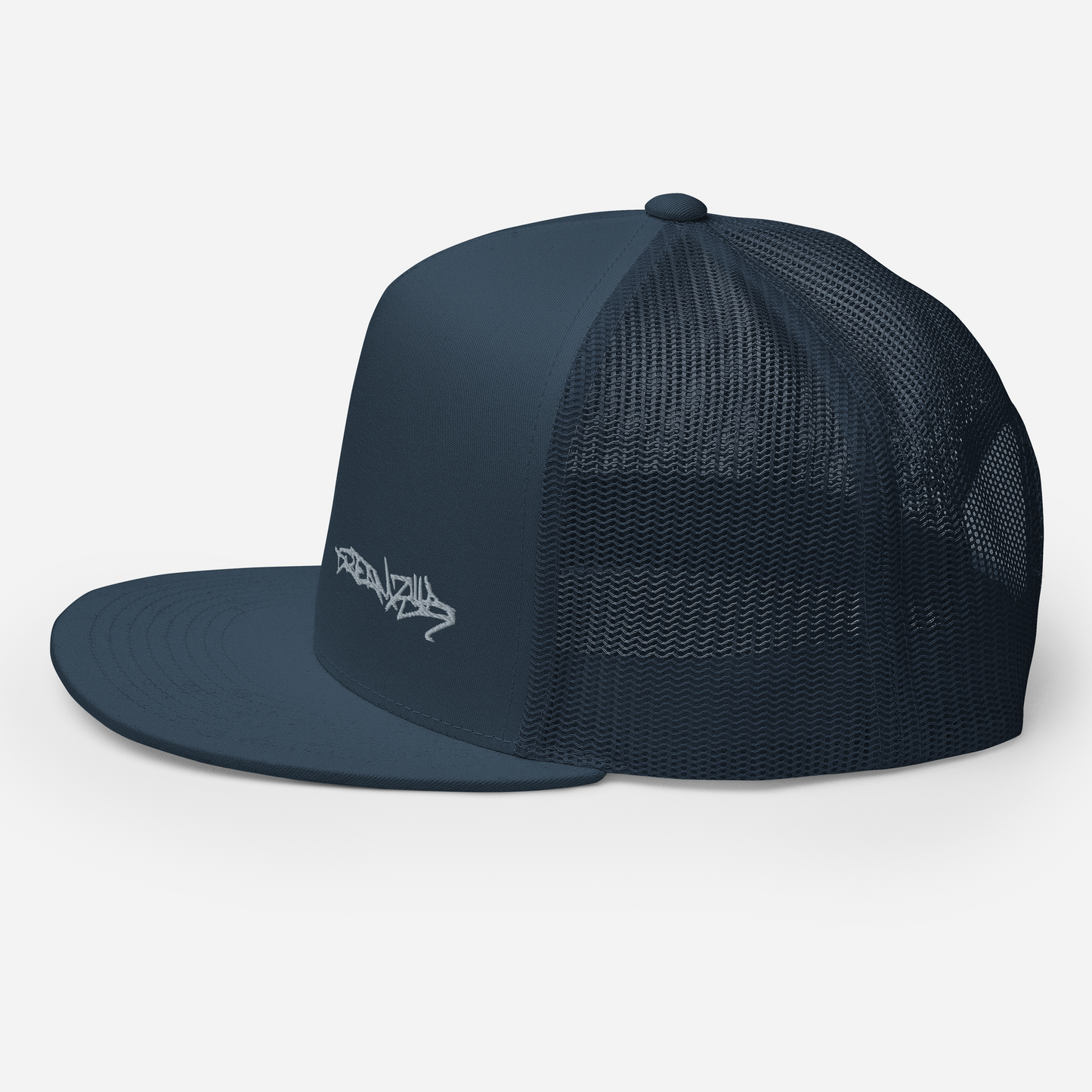 Left side of Graffiti Tag Trucker Cap in Navy