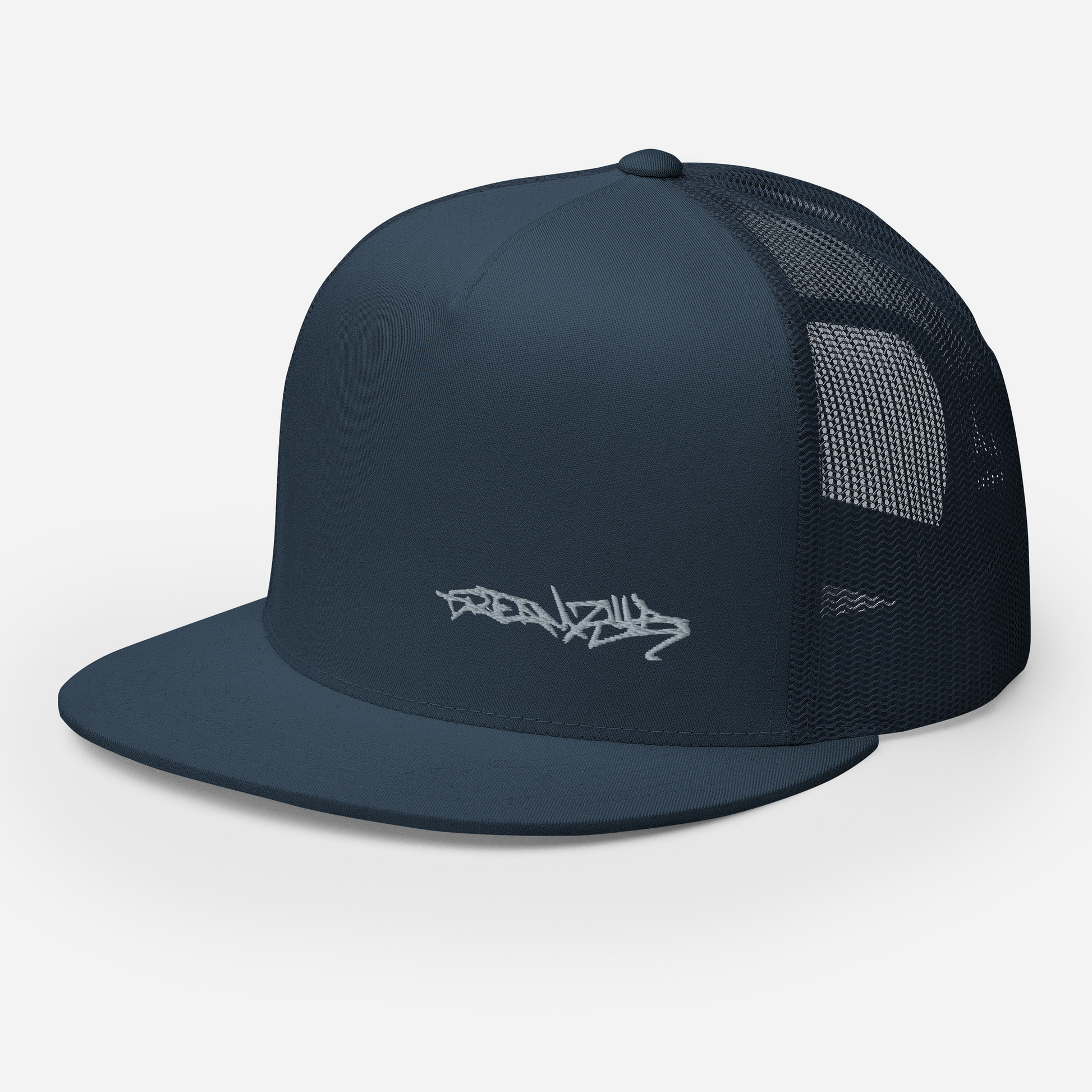 Angled front left of Graffiti Tag Trucker Cap in Navy