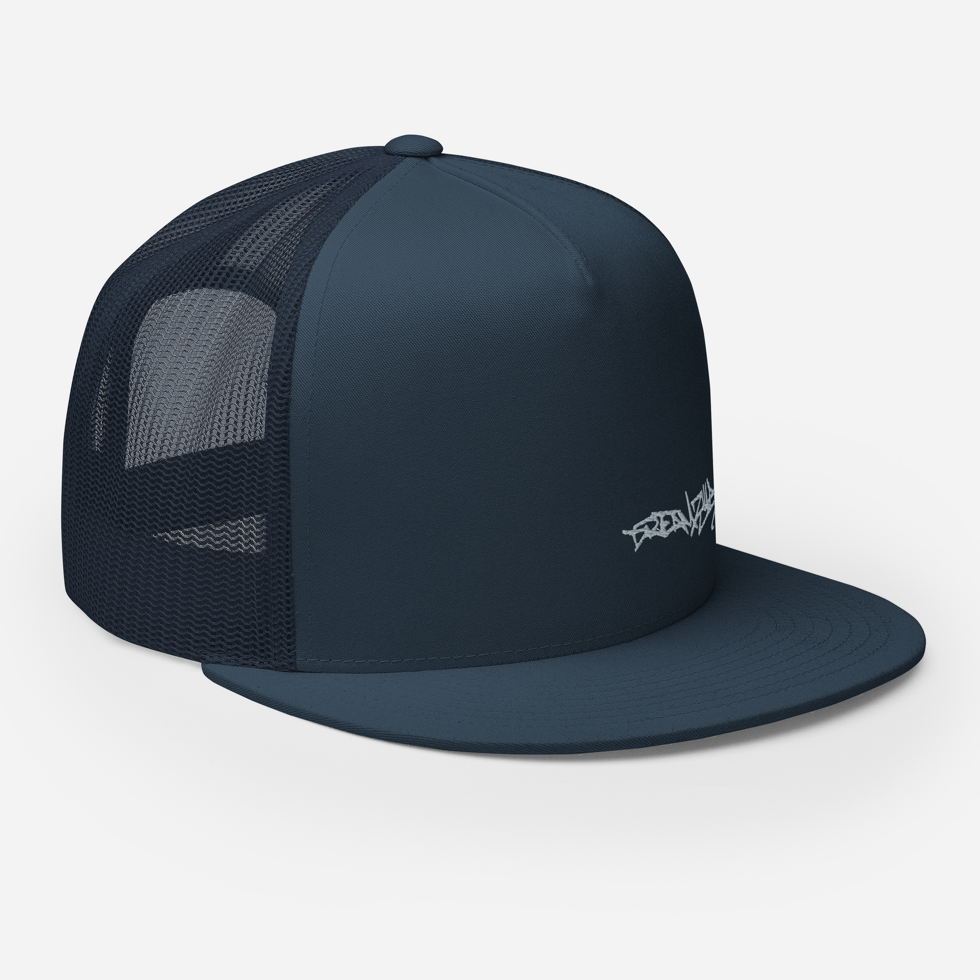 Angled front right of Graffiti Tag Trucker Cap in Navy