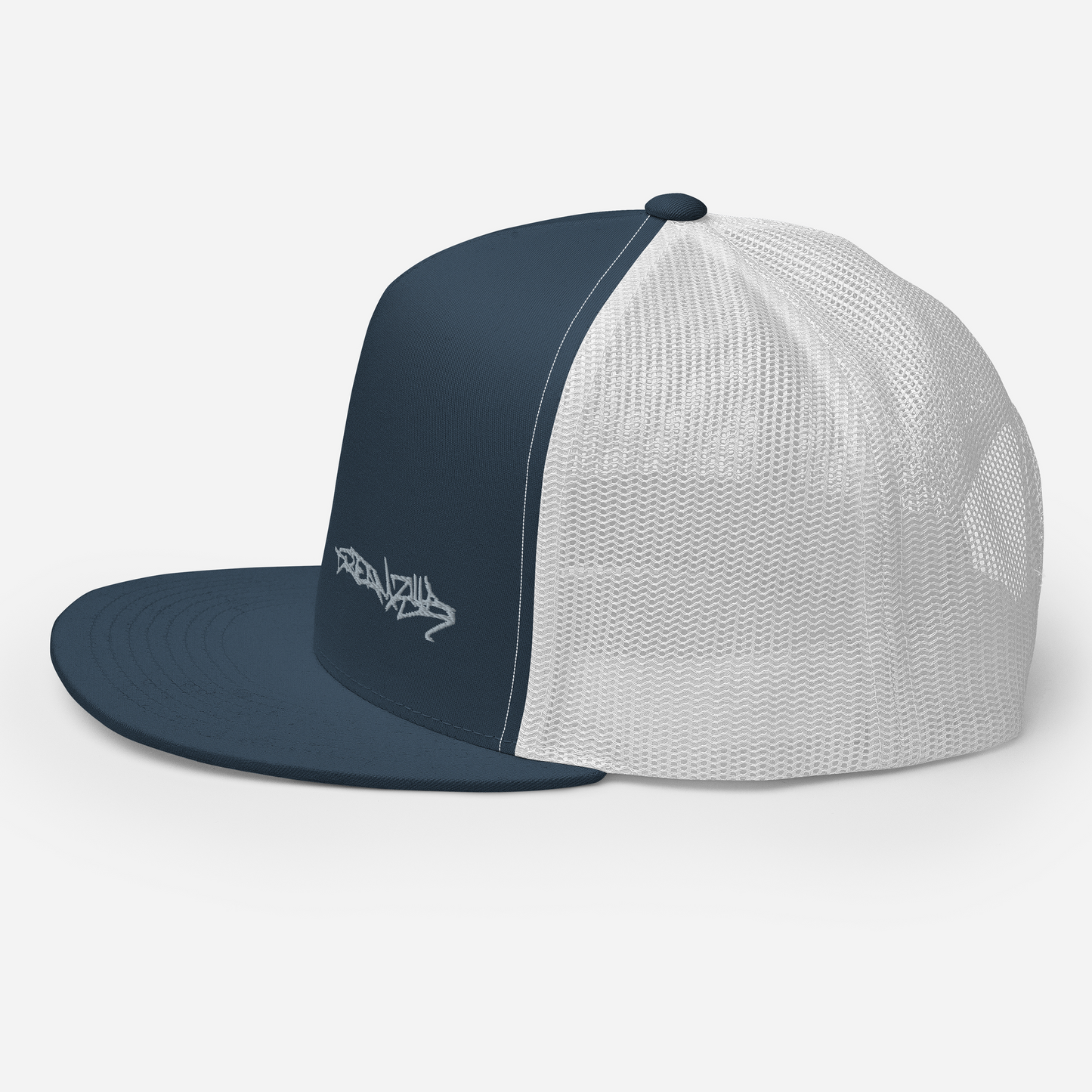 Left side of Graffiti Tag Trucker Cap in Navy with White Back