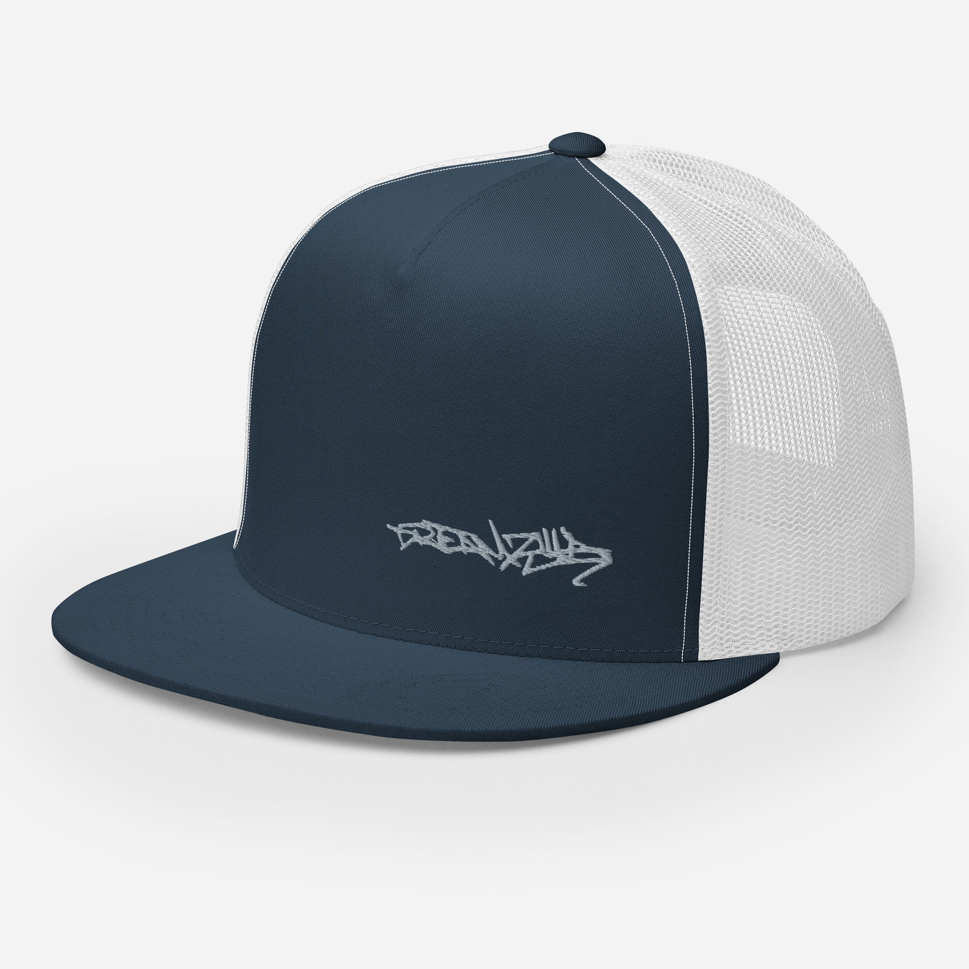 Angled front left of Graffiti Tag Trucker Cap in Navy with White Back