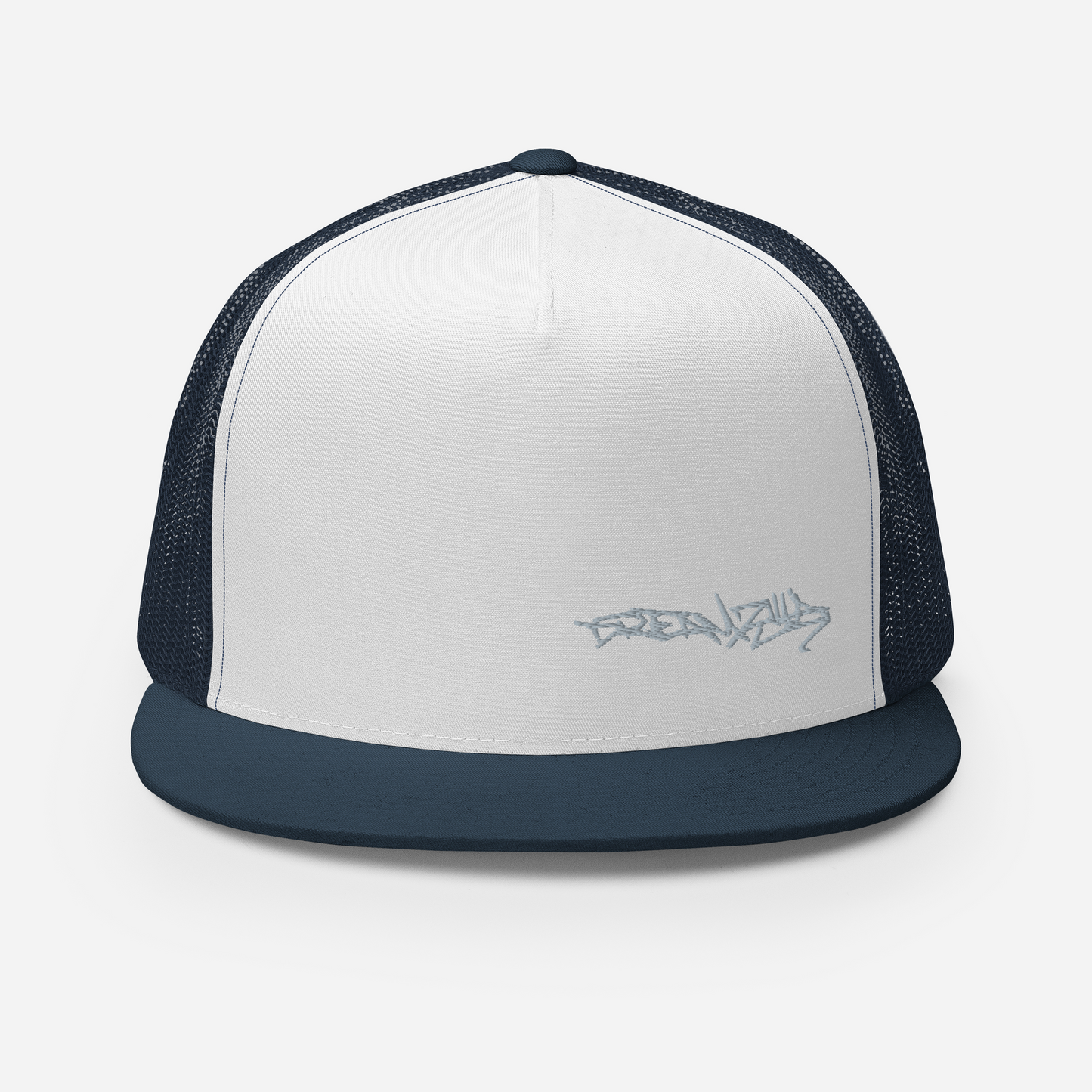 Graffiti Tag Trucker Cap in White with Navy Brim and Back