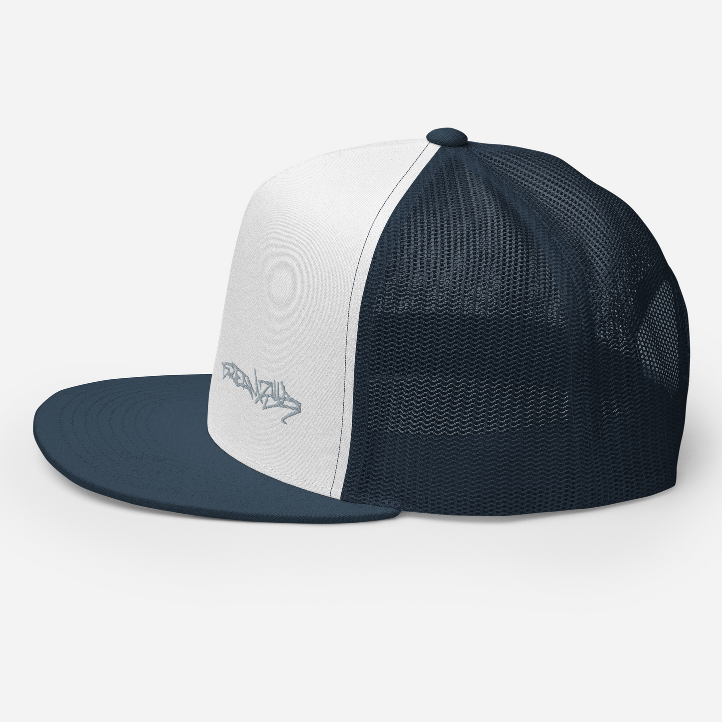 Left side of Graffiti Tag Trucker Cap in White with Navy Brim and Back