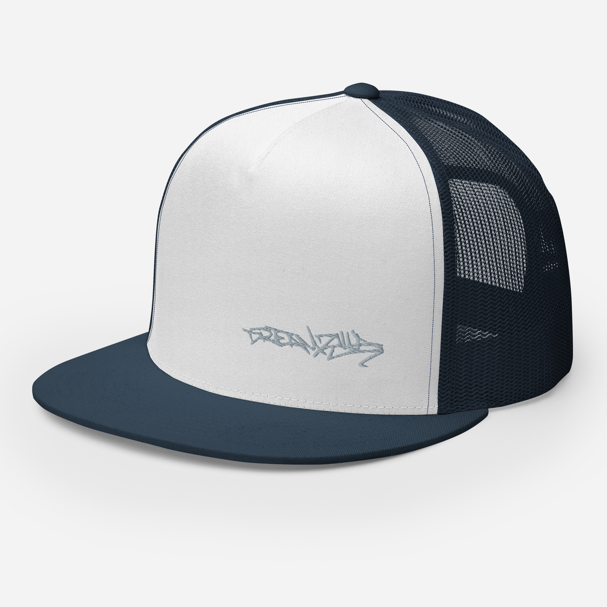 Angled Front Left of Graffiti Tag Trucker Cap in White with Navy Brim and Back