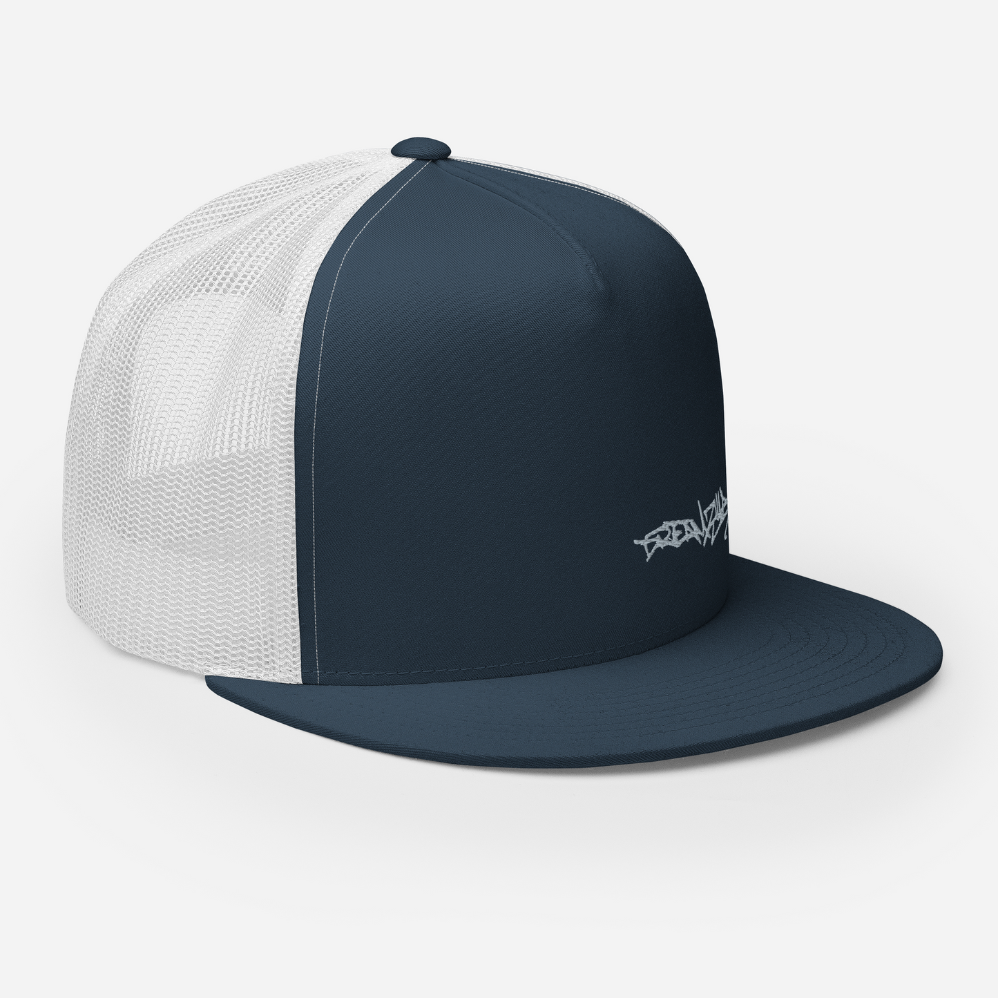 Angled Front Right of Graffiti Tag Trucker Cap in Navy with White Back