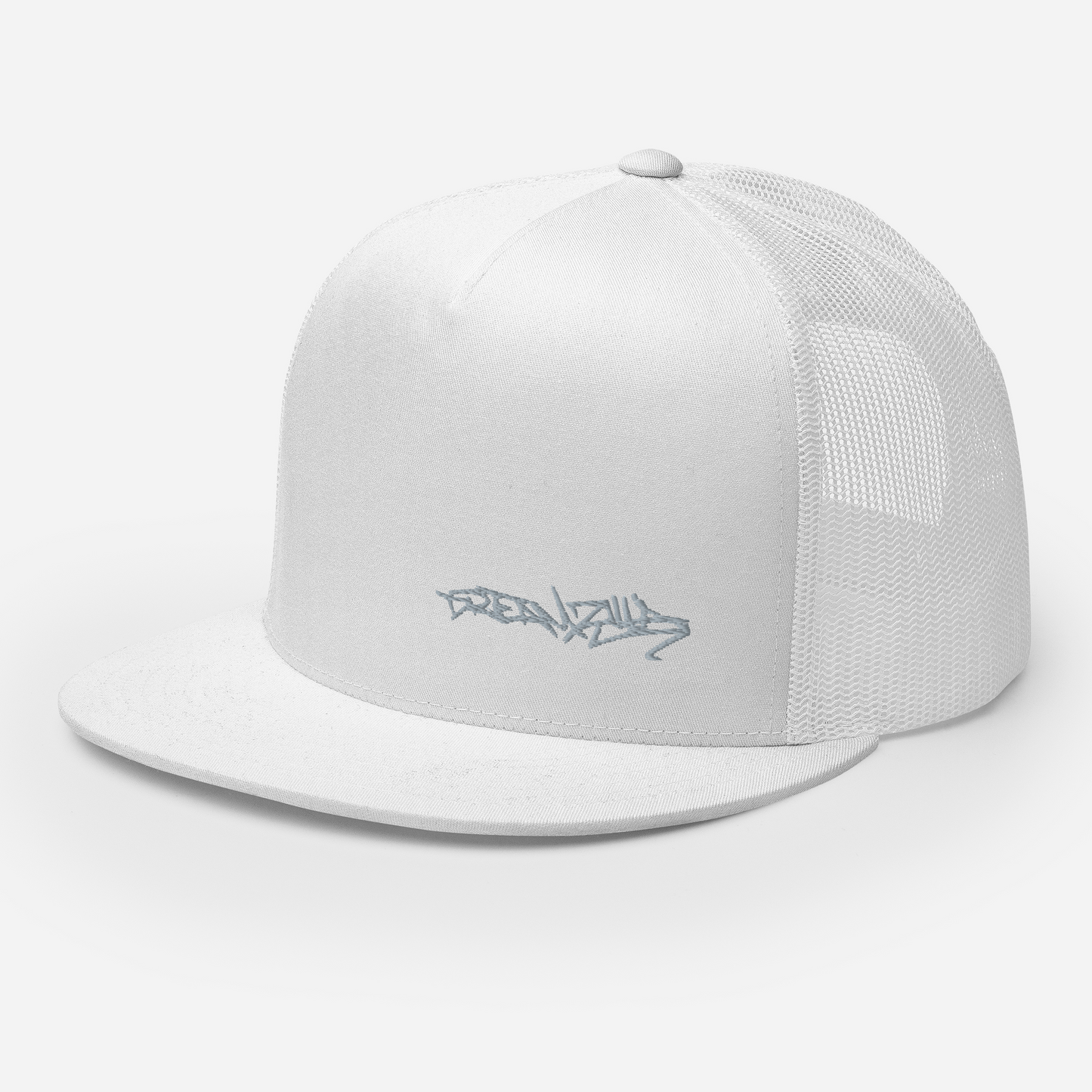 Angled front left of Graffiti Tag Trucker Cap in White