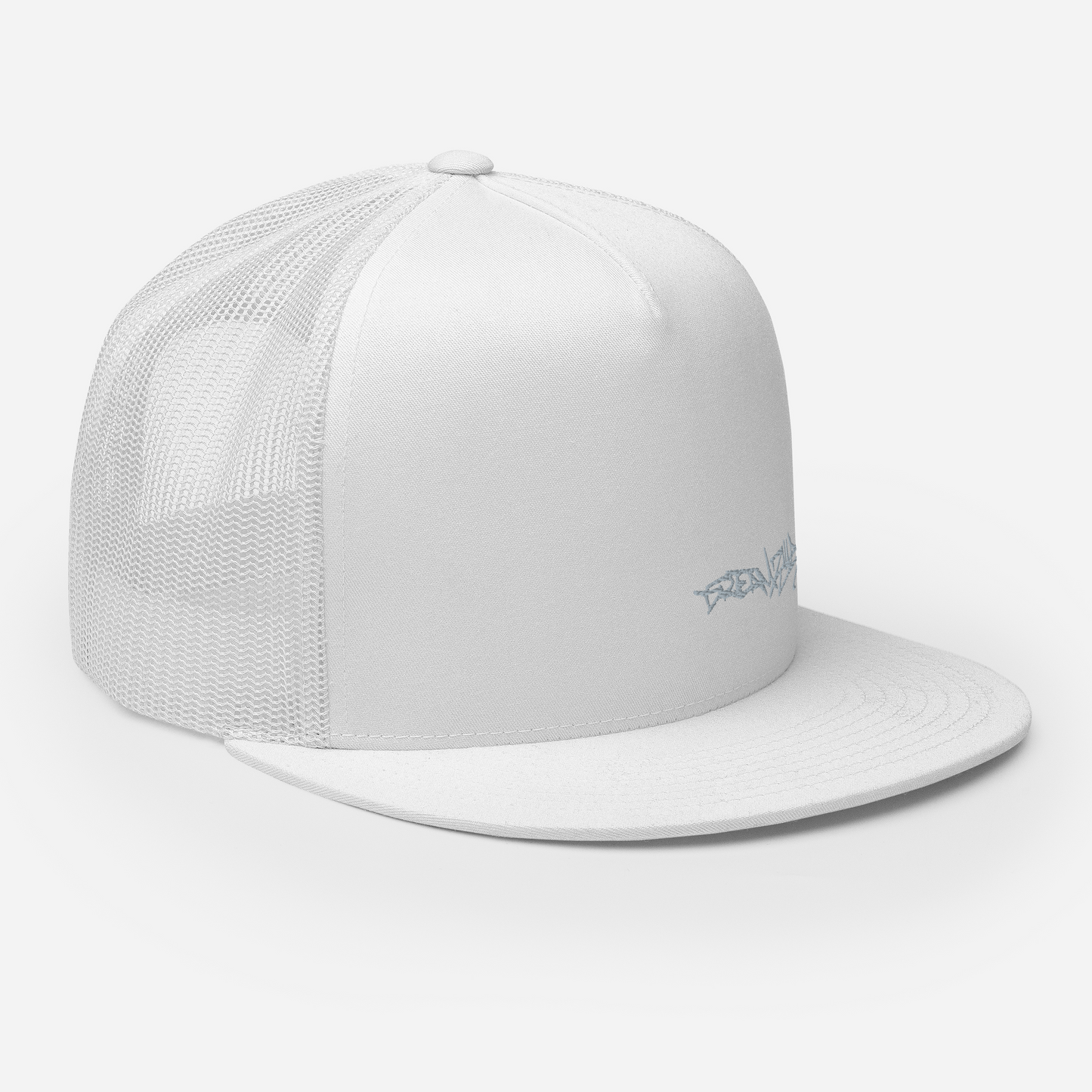 Angled Front Right of Graffiti Tag Trucker Cap in White