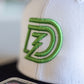 Closeup of DZ 3D Puff Snapback in White with Black Brim